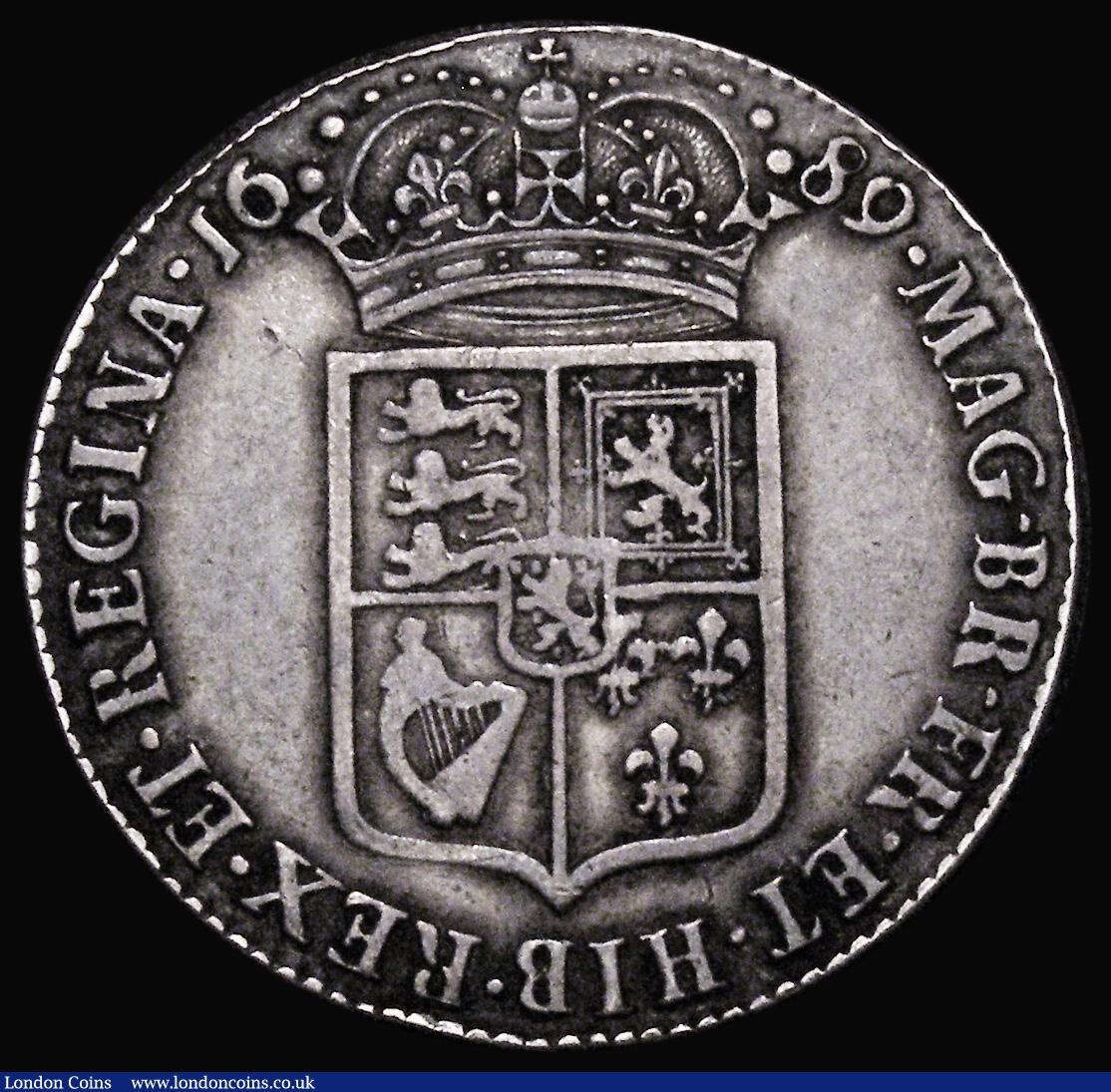 London Coins : A177 : Lot 1700 : Halfcrown 1689 PRIMO First Shield, Caul only frosted, with pearls ESC 505, Bull 831 Fine, the revers...