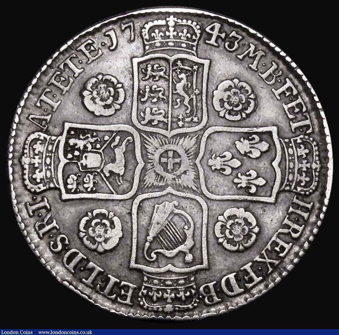 London Coins : A177 : Lot 1720 : Halfcrown 1743 Roses ESC 603A, Bull 1684 Fine