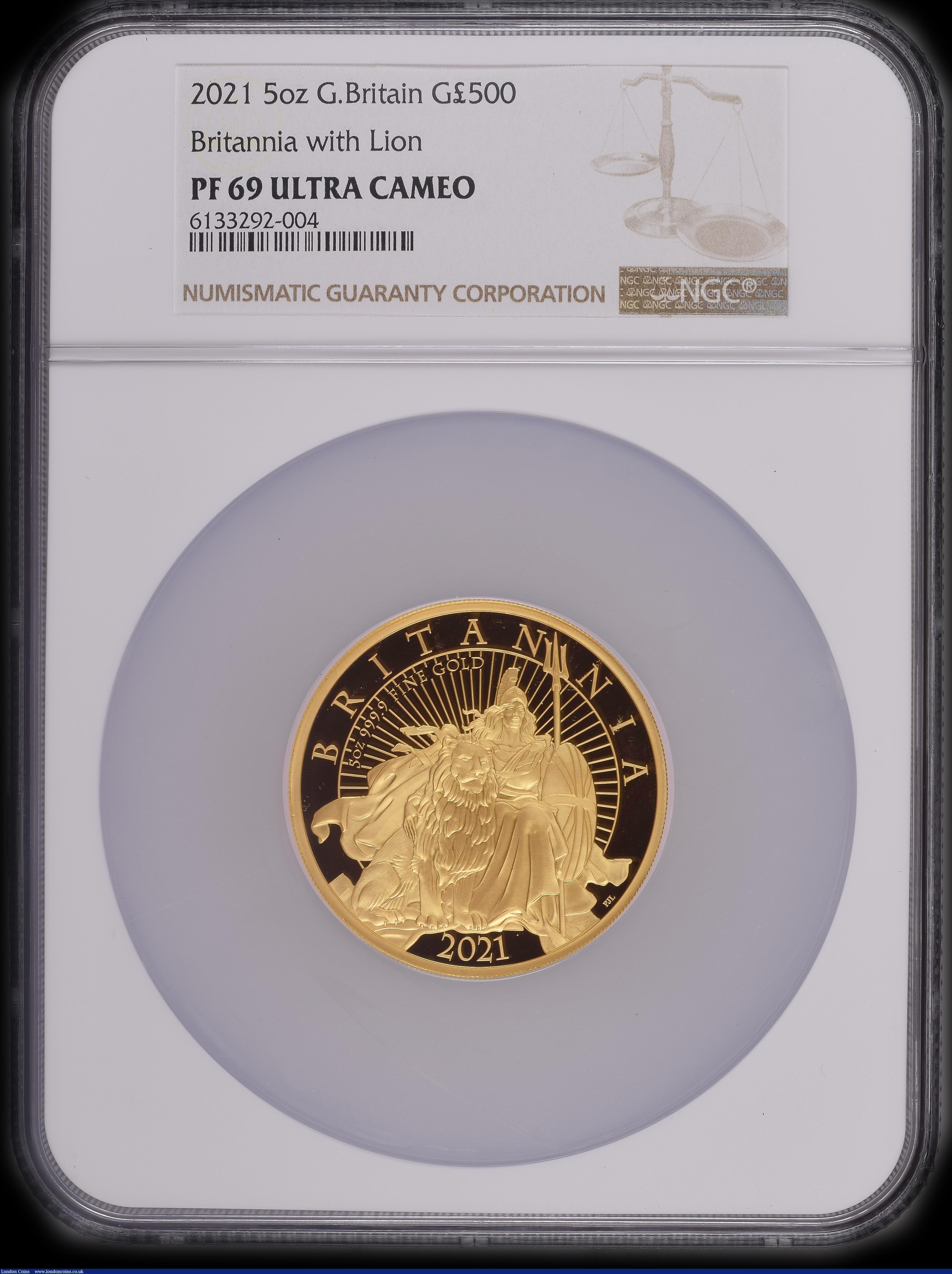 London Coins : A177 : Lot 223 : Britannia Gold  &pound;500 2021 5oz.Gold Proof, featuring a new reverse design by P.J. Lynch, Britan...