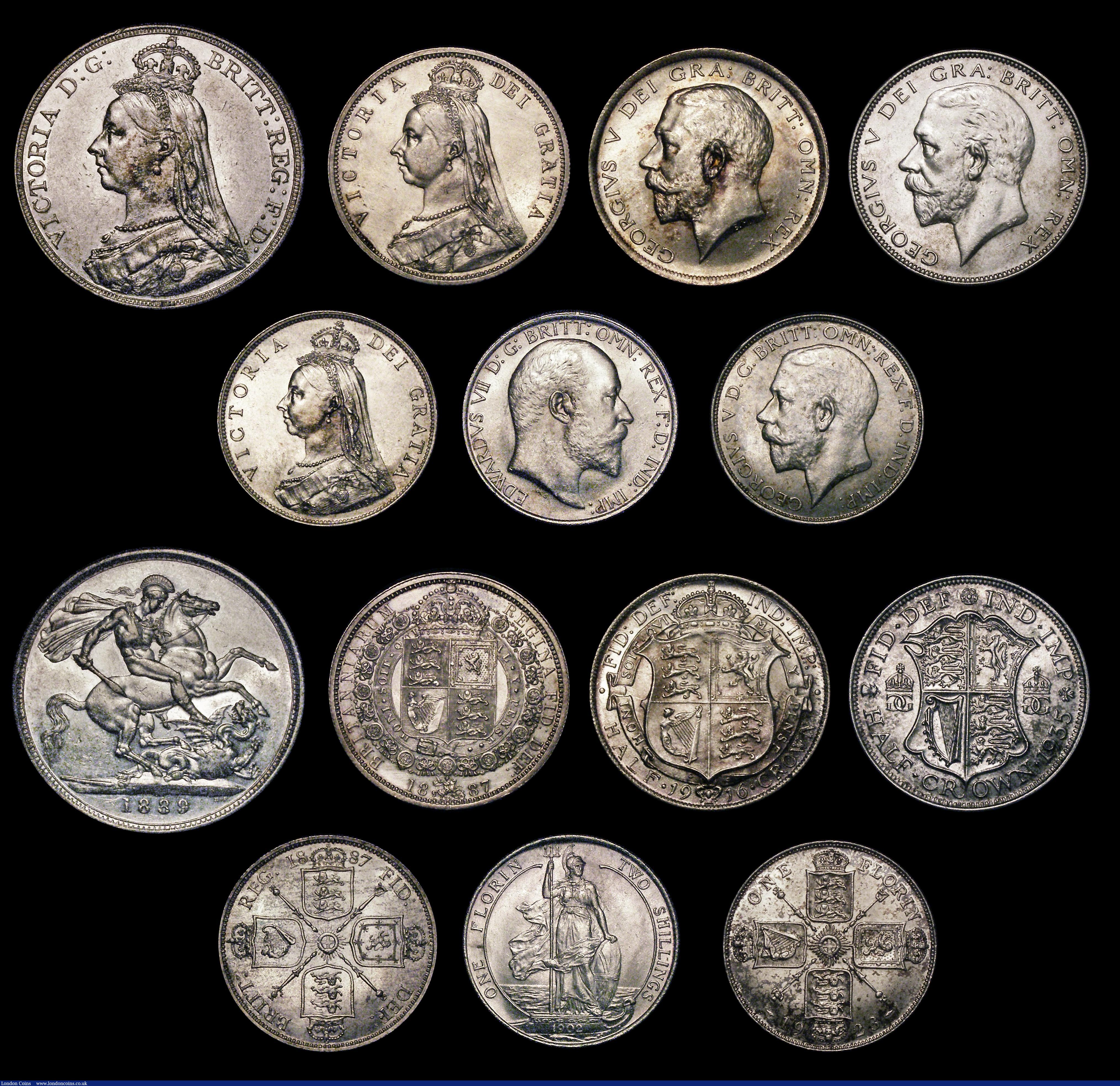 London Coins : A177 : Lot 2259 : Crowns to Florins (16) Crown 1889 GVF with a small toning area on the obverse, Halfcrowns (7) 1887 J...
