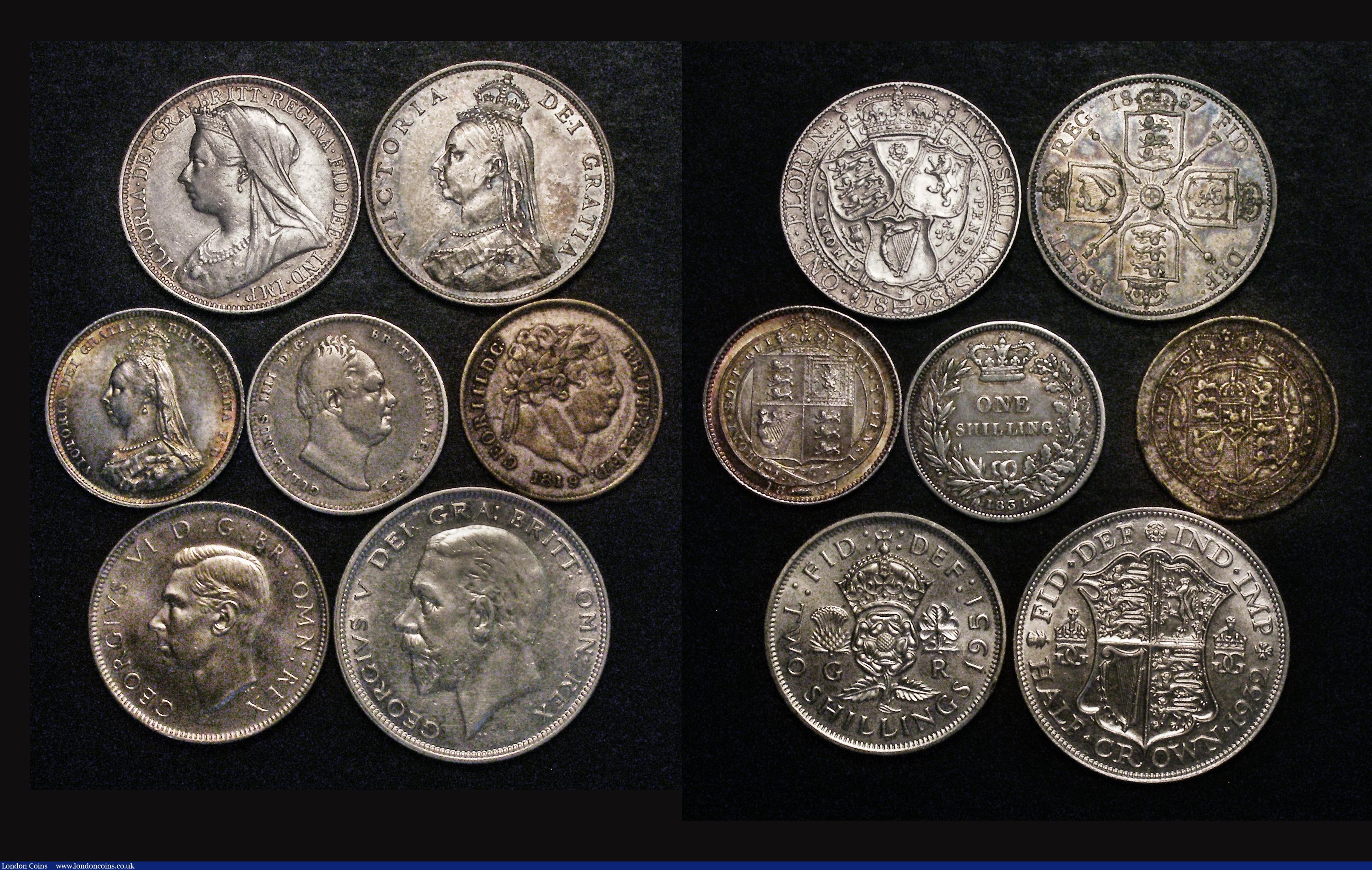 London Coins : A177 : Lot 2327 : Halfcrowns to Shillings (13) Halfcrowns (8) 1890 Good Fine, 1932 GVF/EF, 1940 Lustrous UNC, 1951 Pro...
