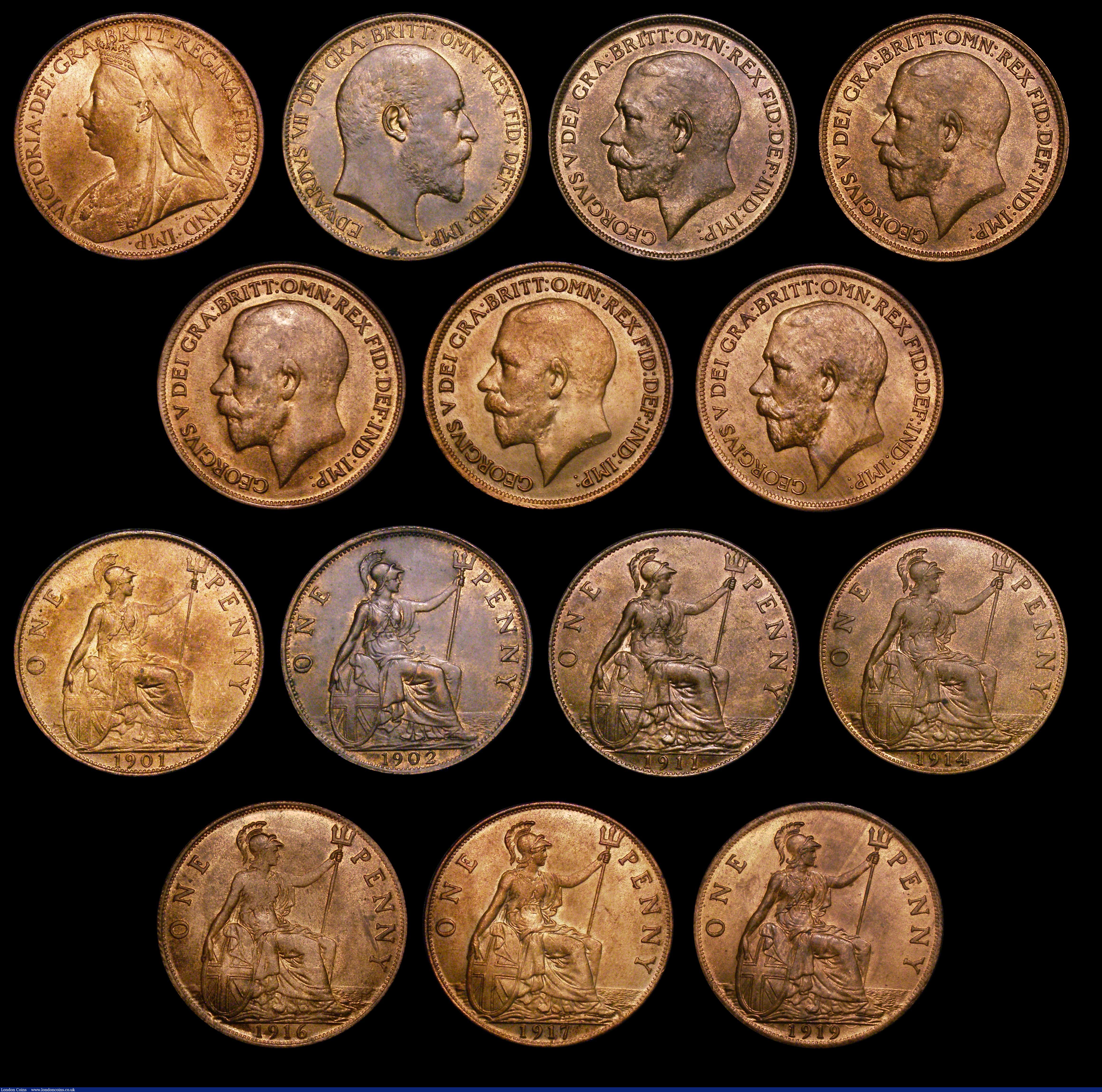 London Coins : A177 : Lot 2359 : Pennies (13) 1860 Toothed Border, Freeman dies 15 4+D, VF with green patina, 1861 Freeman 29 dies 6+...