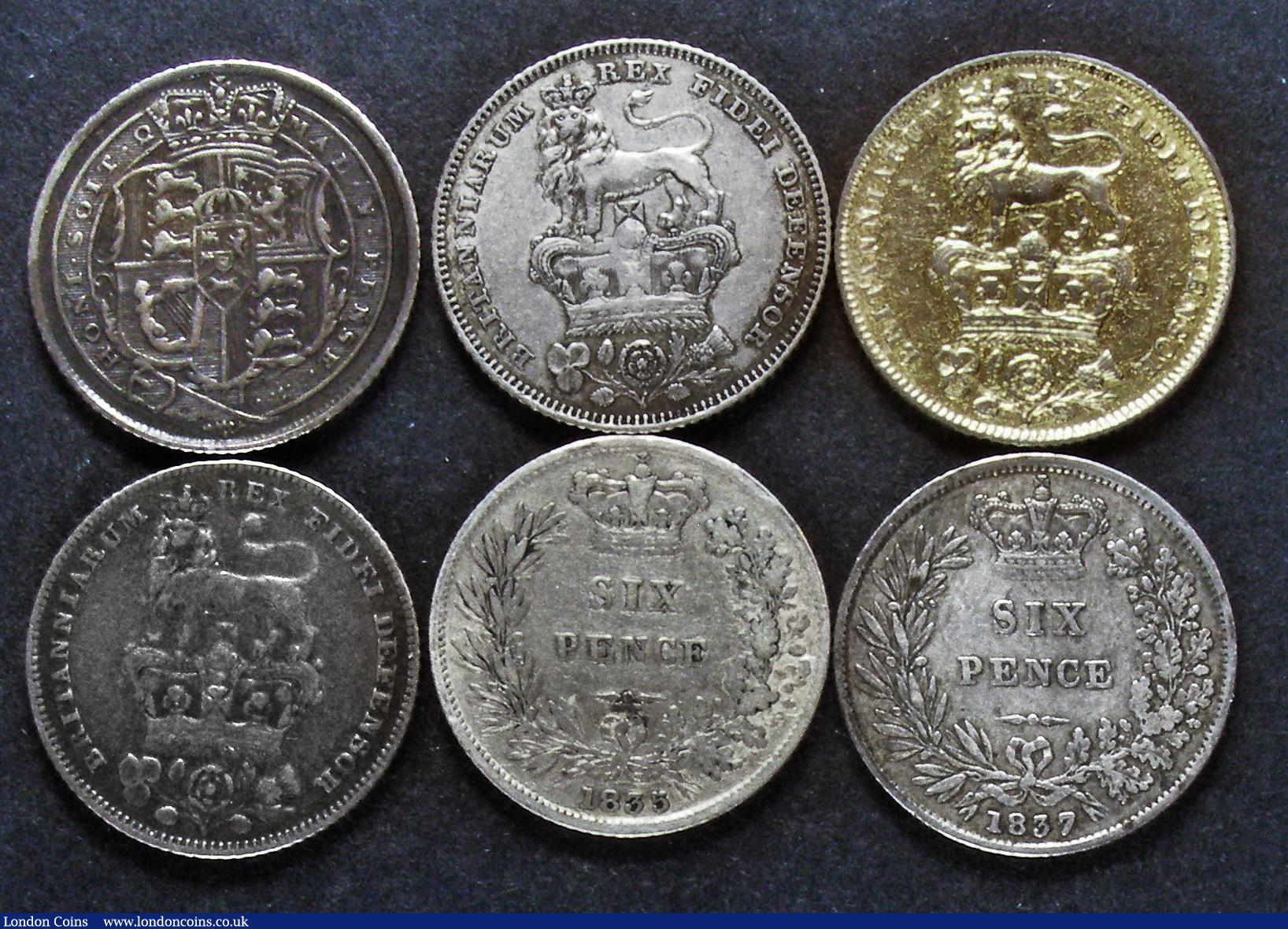 London Coins : A177 : Lot 2415 : Sixpences (6) 1818 ESC 1634, Bull 2199, Good Fine, 1826 Lion on Crown ESC 1662, Bull 2433 Good Fine ...