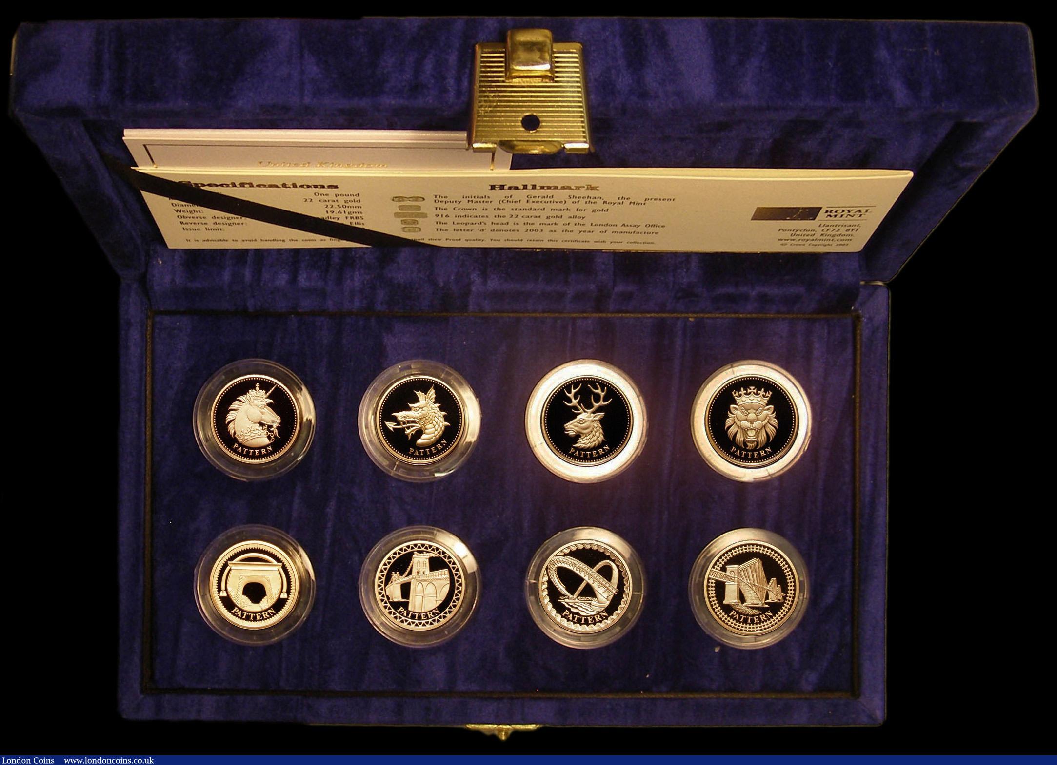 London Coins : A177 : Lot 388 : One Pound 2003-2004 Gold Proof Pattern Collection an 8-coin set in Gold, comprising the Bridge Patte...