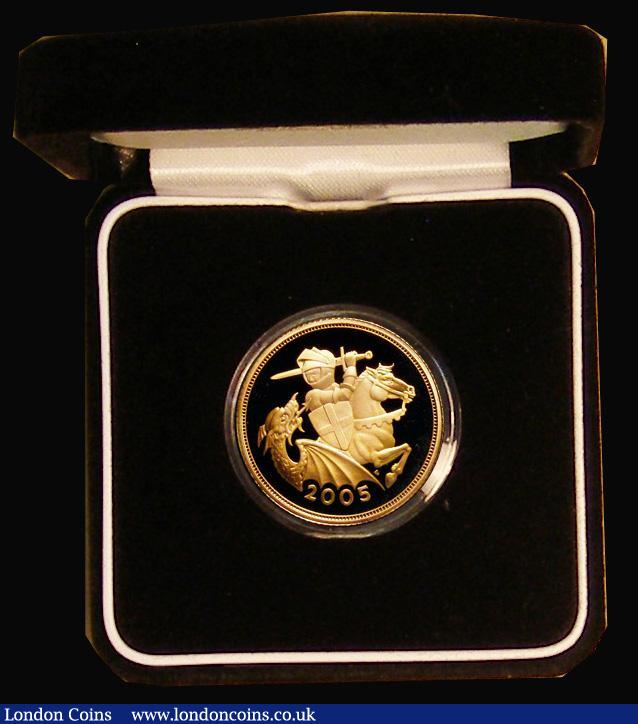 London Coins : A177 : Lot 494 : Sovereign 2005 S.SC6 Gold Proof FDC or very near so with a hint of toning, in the Royal Mint box of ...