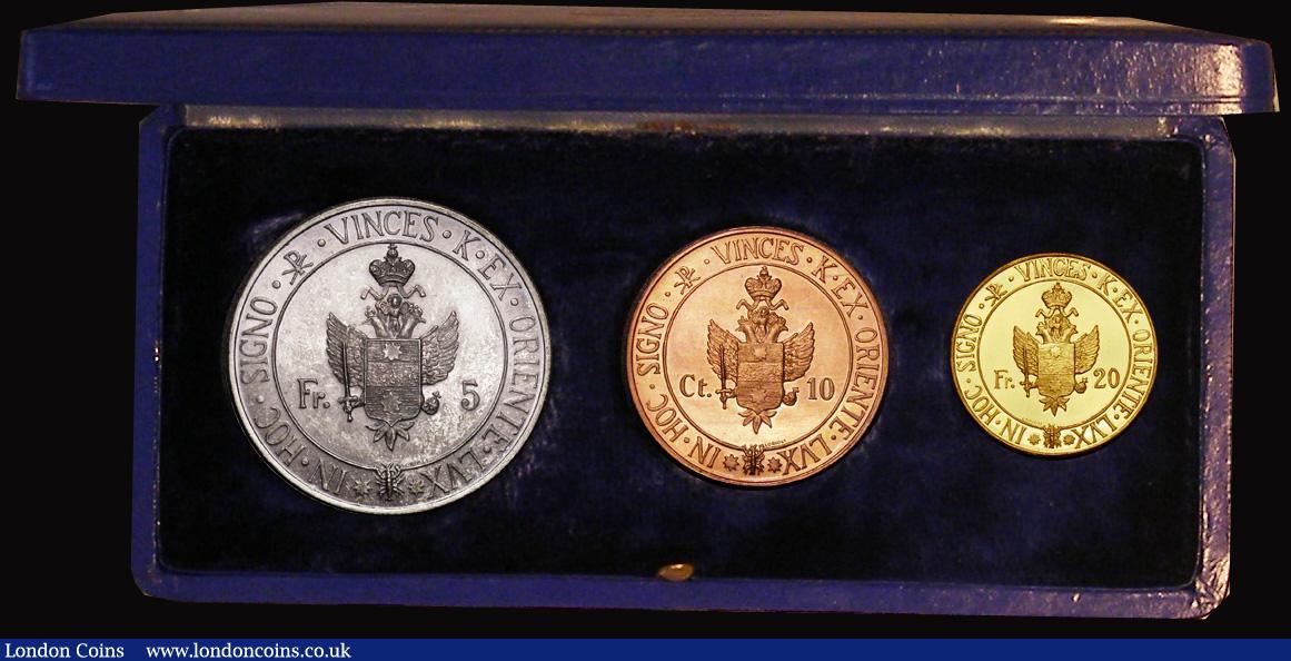 London Coins : A177 : Lot 718 : Trebizond Proof Set 1955 Fantasy Coinage a 3-coin set comprising 20 Francs 1955 Gold Proof X#3, Five...