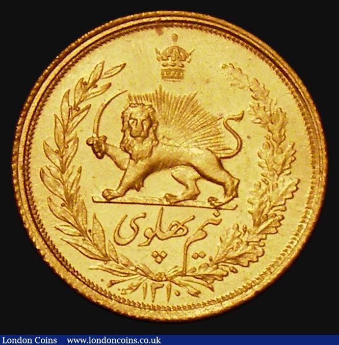 London Coins : A177 : Lot 977 : Iran Half Pahlavi Gold AH1310 (1931) KM#1132 A/UNC and lustrous with some minor contact marks, a ver...