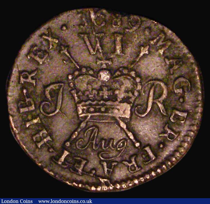 London Coins : A177 : Lot 998 : Ireland Sixpence Gunmoney 1689 Aug, pearled top arch to crown,  S.6583C, Timmins TB06C-1C, Fine, the...