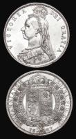 London Coins : A177 : Lot 1479 : Double Florin 1887 Arabic 1 ESC 395, Bull 2697 A/UNC and lustrous, Halfcrown 1887 Jubilee Head ESC 7...