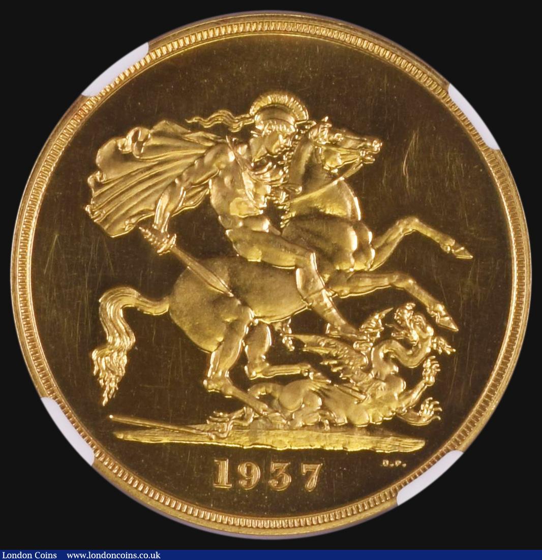 London Coins : A178 : Lot 1353 : Five Pounds 1937 Gold Proof S.4074 in an NGC holder and graded PF63*, the bust and St. George retain...