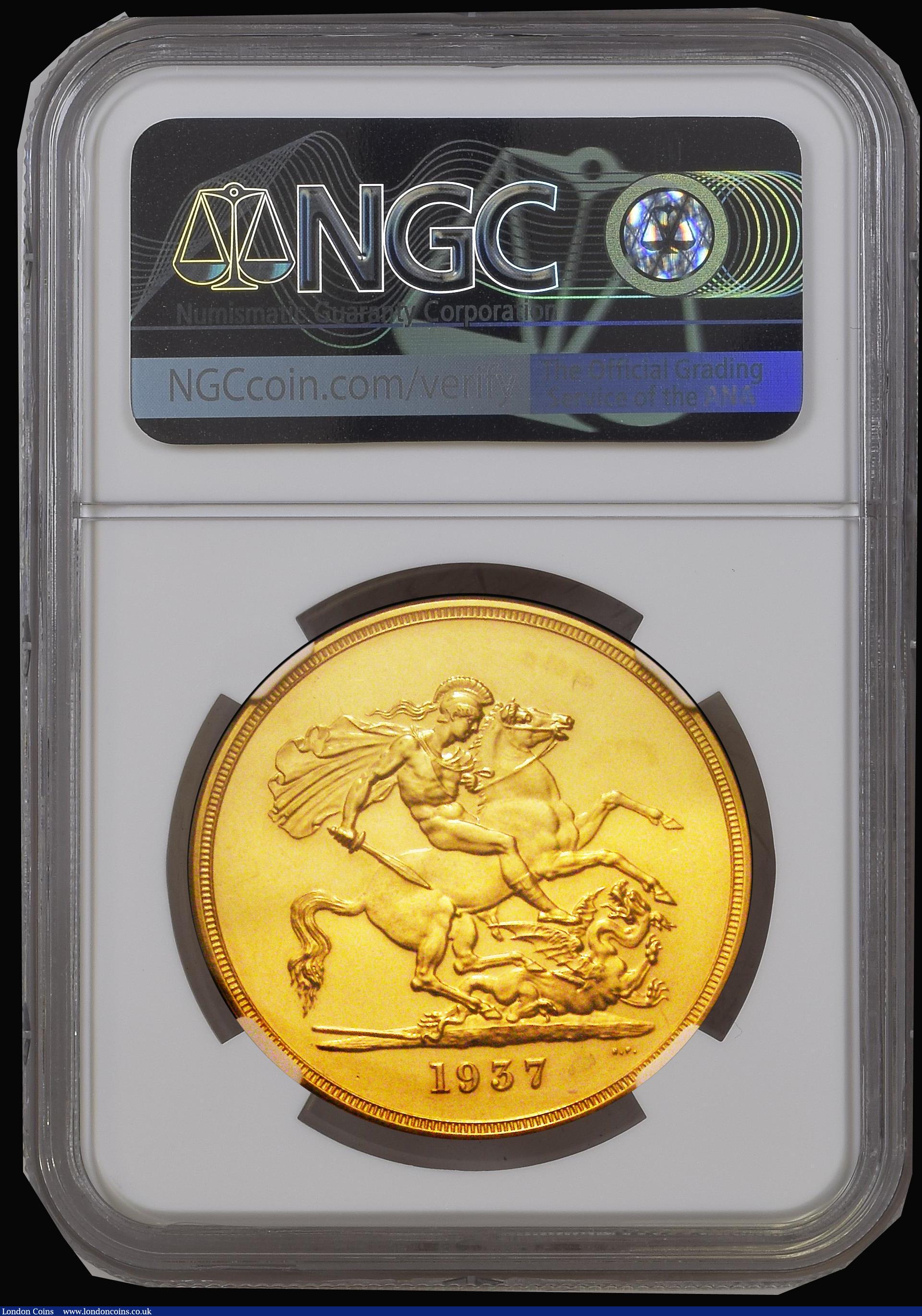 London Coins : A178 : Lot 1356 : Five Pounds 1937 Proof S.4074 Brilliant nFDC with some hairlines and minor contact marks and graded ...