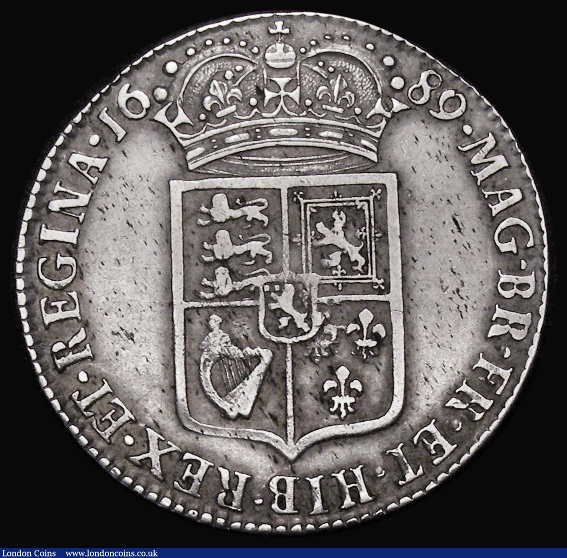 London Coins : A178 : Lot 1497 : Halfcrown 1689 First Shield, Caul only frosted, with pearls, ESC 505, Bull 831 Good Fine with some l...