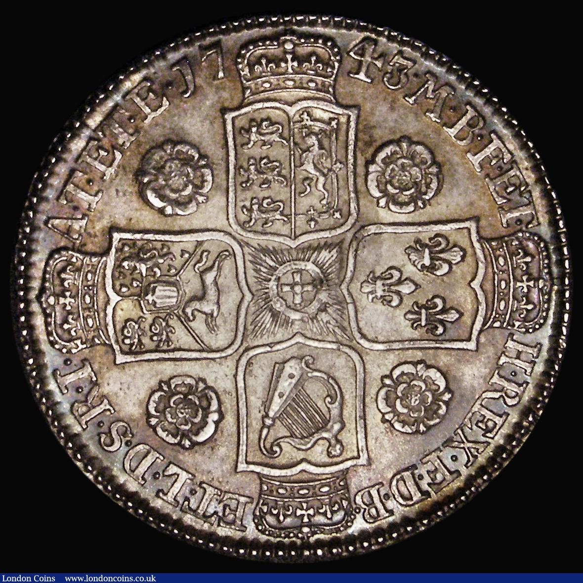 London Coins : A178 : Lot 1512 : Halfcrown 1743 Roses, DECIMO SEPTIMO edge, ESC 603A, Bull 1684, EF or better with a beautiful gold a...