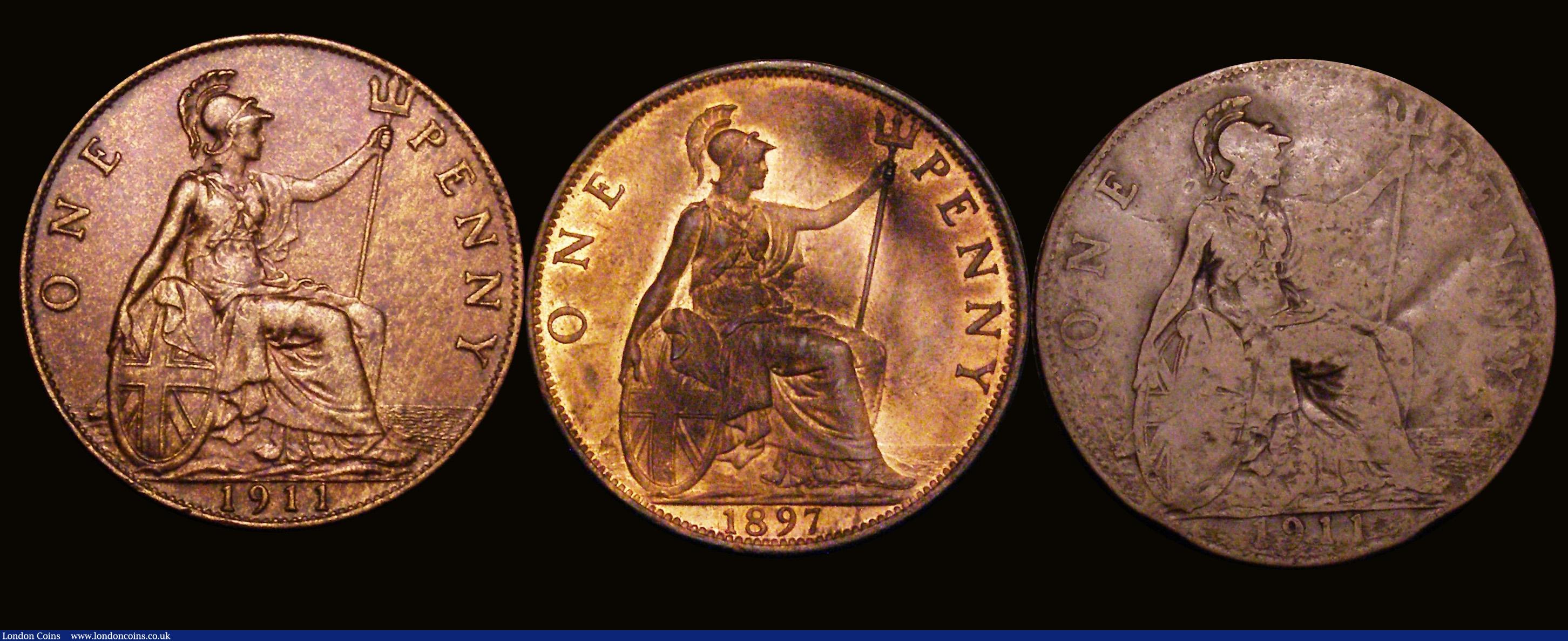 London Coins : A178 : Lot 1599 : Pennies (3) 1897 Gouby BP1897Aa with tilted 7 in date UNC with good subdued lustre, 1911 mis-strike ...