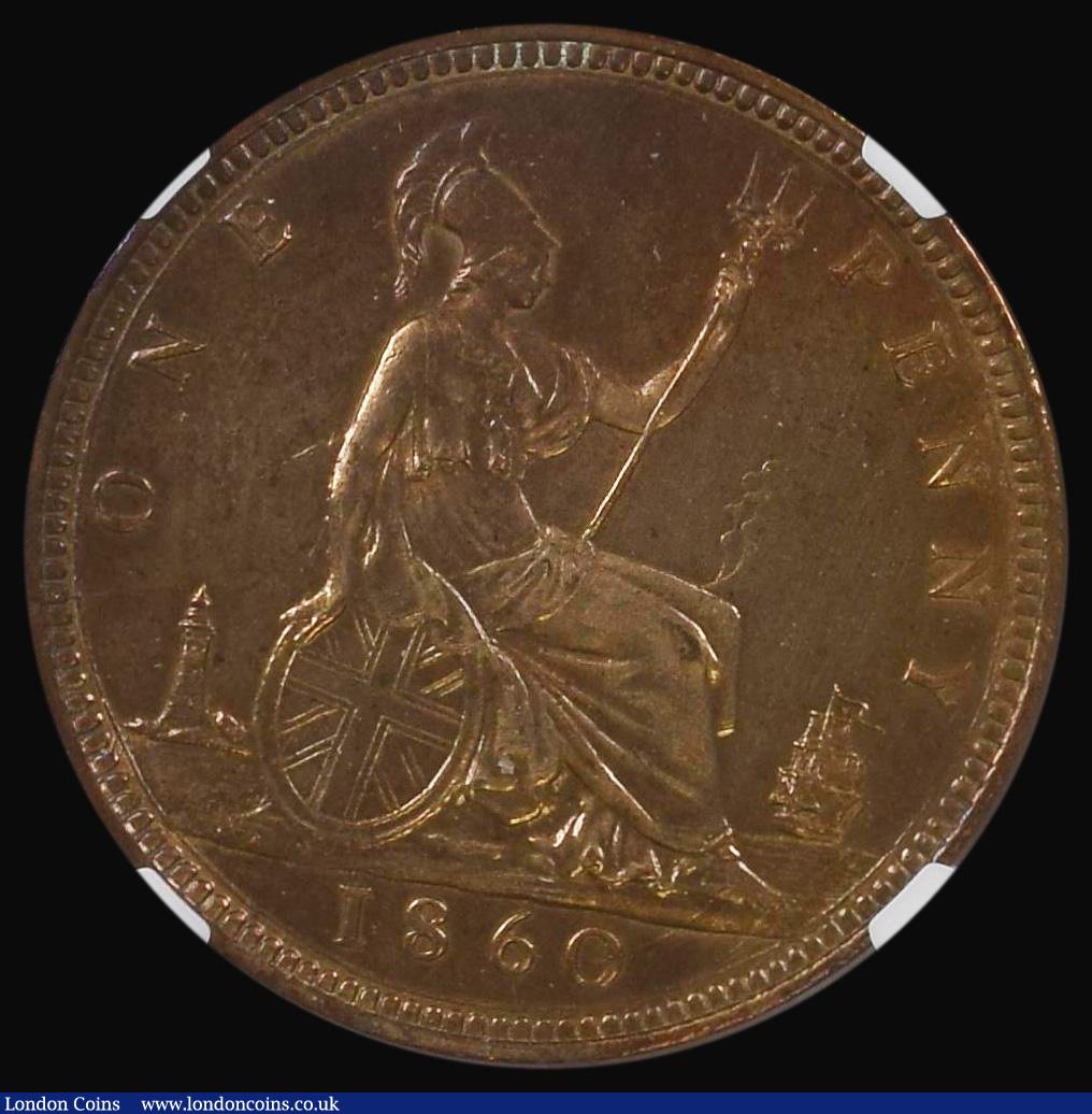 London Coins : A178 : Lot 1606 : Penny 1860 Toothed Border Freeman 13 dies 3+D in an NGC holder UNC details, cleaned
