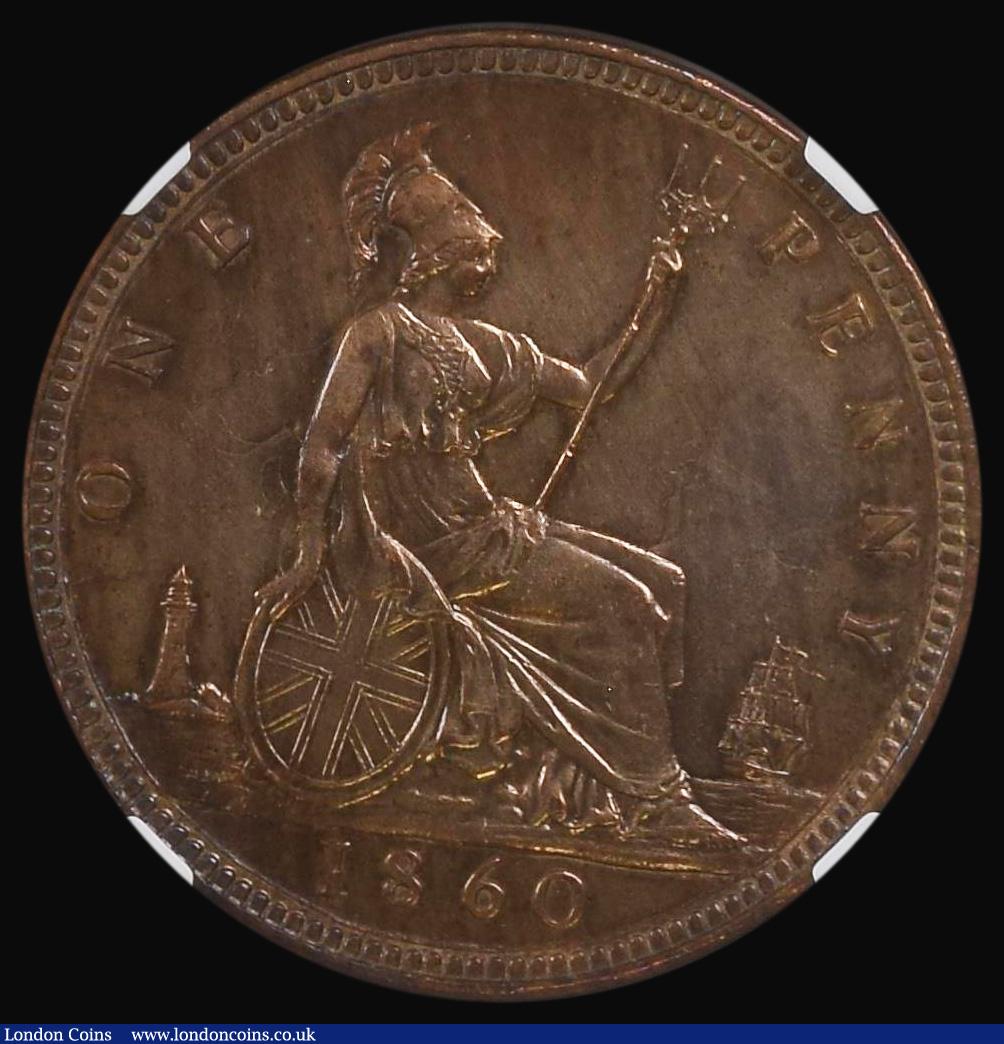 London Coins : A178 : Lot 1607 : Penny 1860 Toothed Border Freeman 13 dies 3+D in an NGC holder UNC details, cleaned