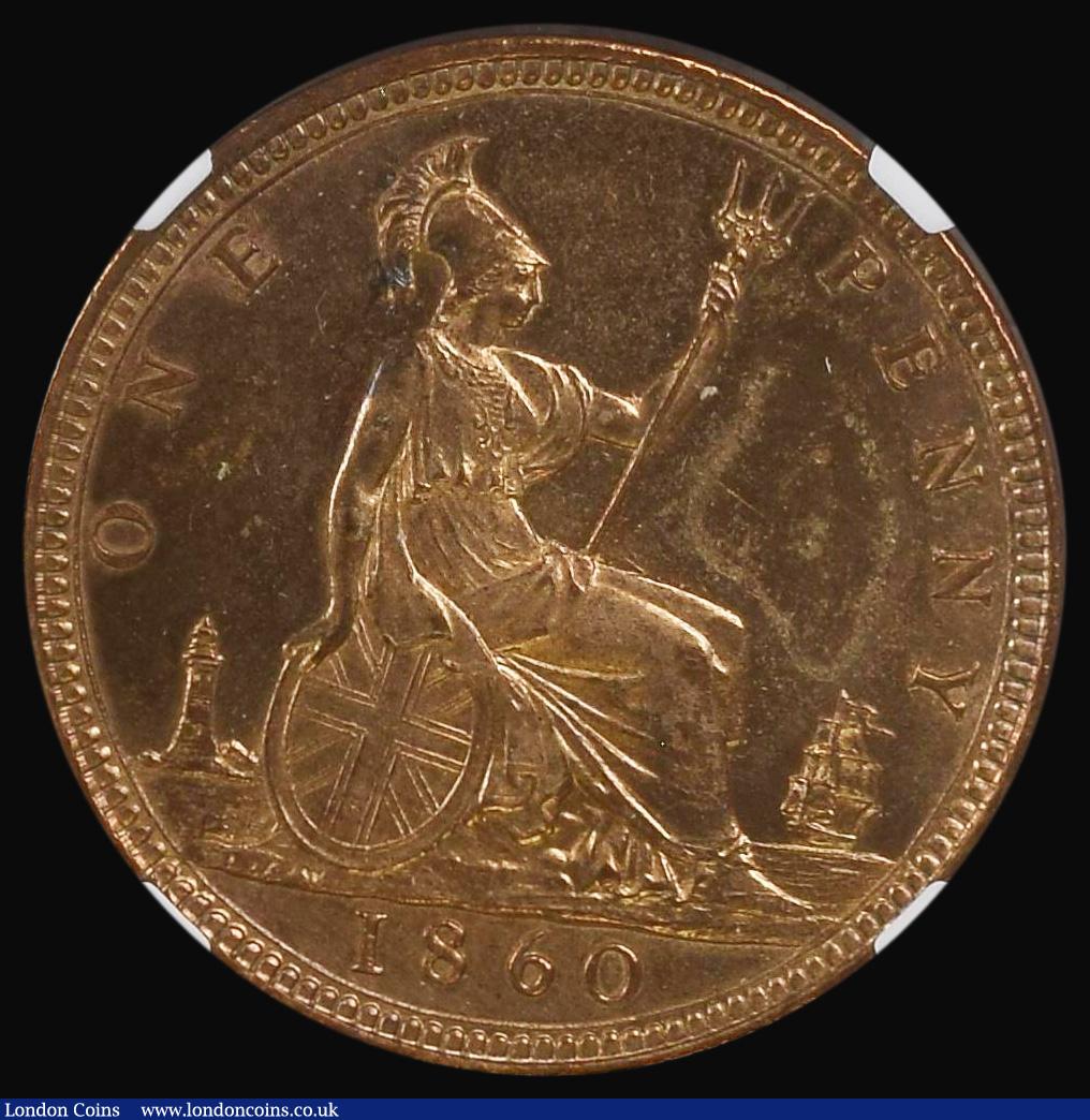 London Coins : A178 : Lot 1609 : Penny 1860 Toothed Border Freeman 13 dies 3+D in an NGC holder UNC details, cleaned