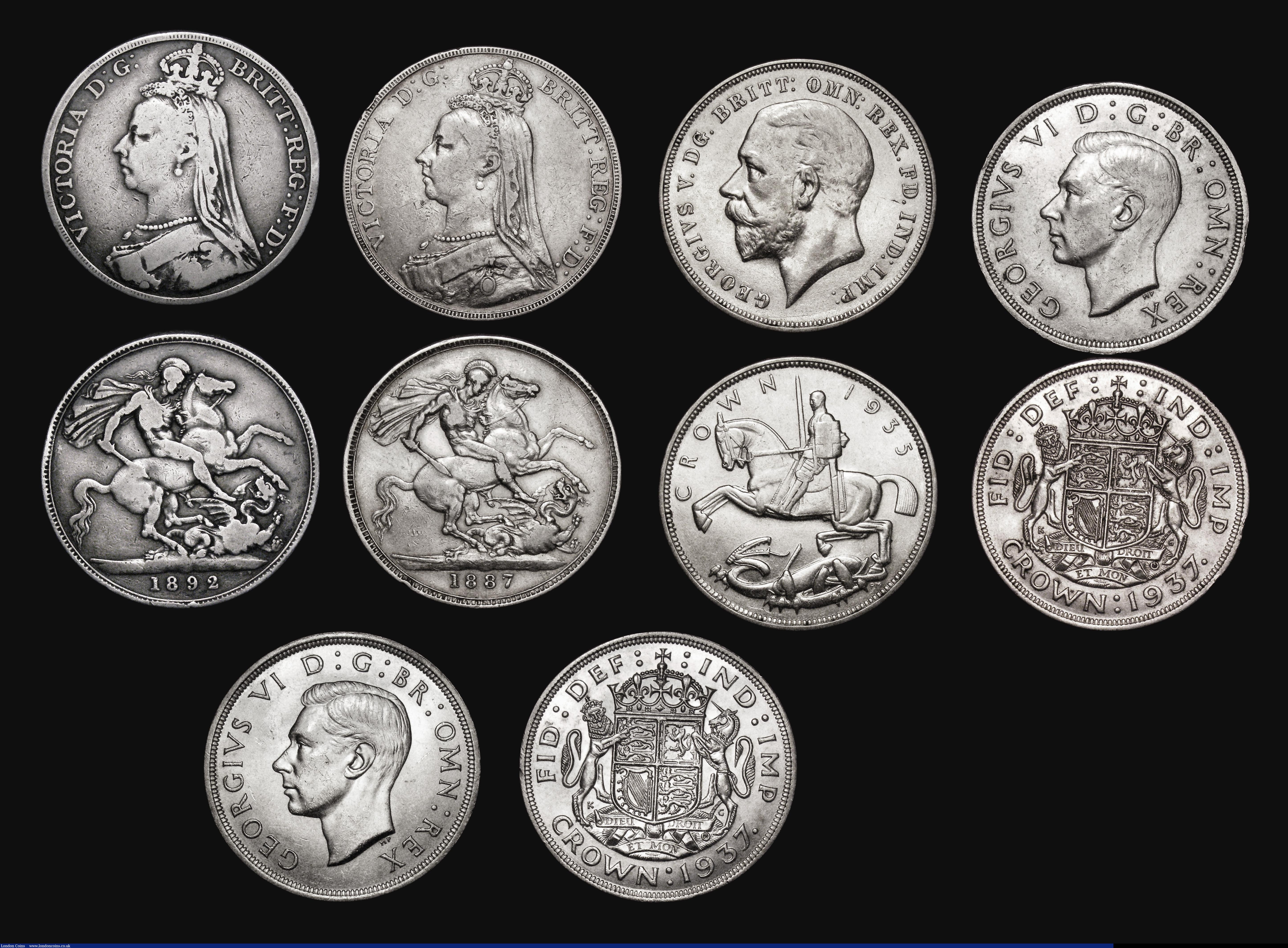London Coins : A178 : Lot 1933 : Crowns (12) 1818 LVIII, 1822 TERTIO, 1887, 1889, 1890 (2), 1892, 1897 LXI, 1900LXIV, 1935, 1937 (2) ...