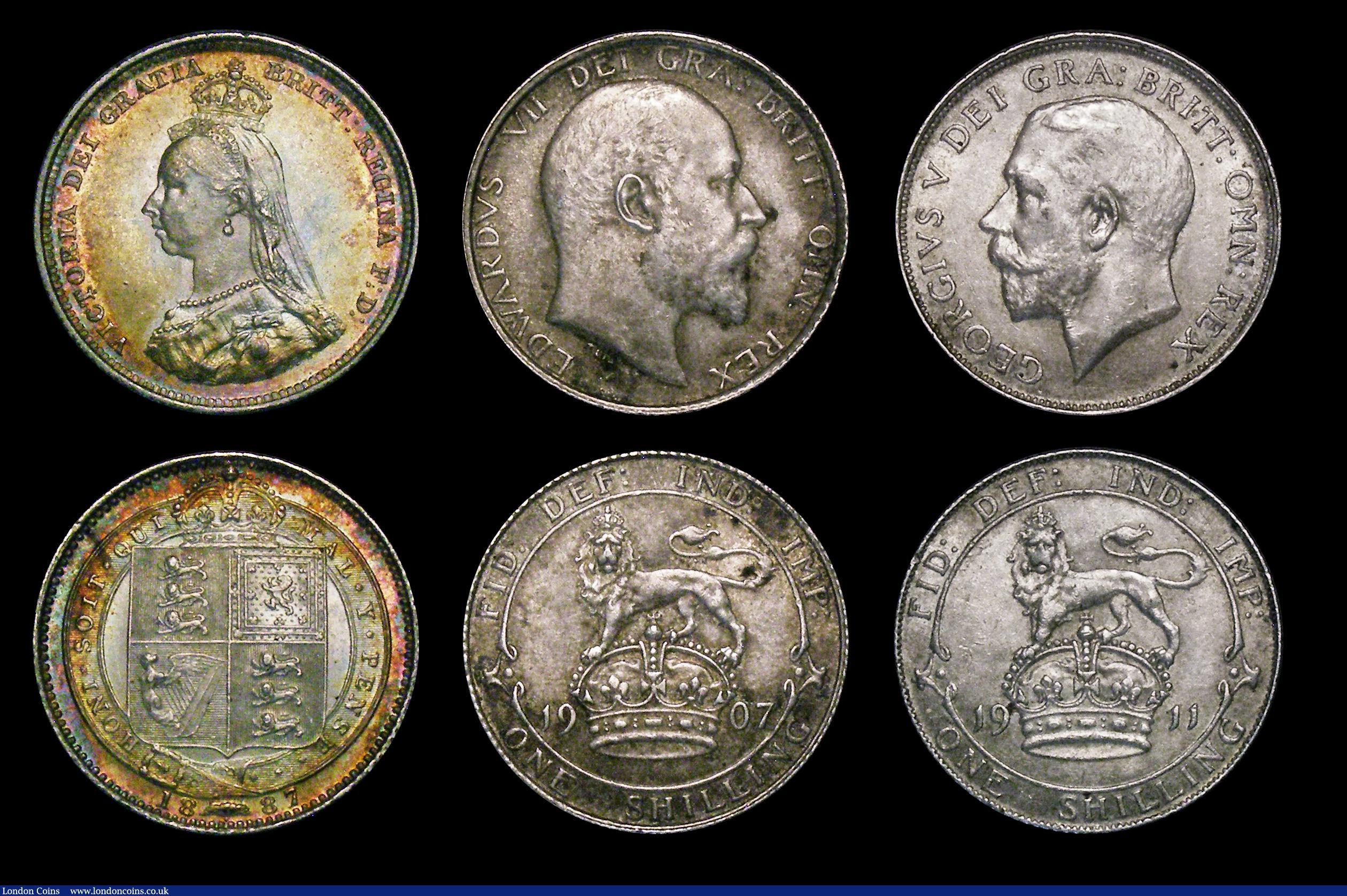 London Coins : A178 : Lot 1986 : Halfcrowns to Shillings (7) comprising Halfcrowns (2) 1890 GVF with grey tone, 1900 VF/GVF, Florins ...