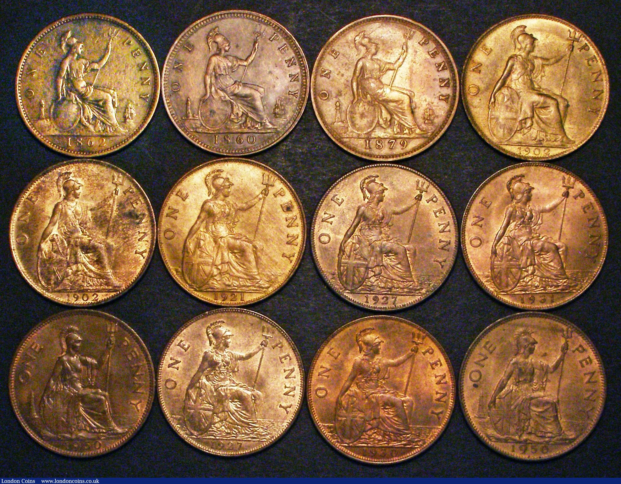 London Coins : A178 : Lot 2000 : Pennies (12) 1860 Toothed Border Freeman 15 dies 4+D VF, 1862 Fine, cleaned, 1879 Good Fine, 1902 (2...