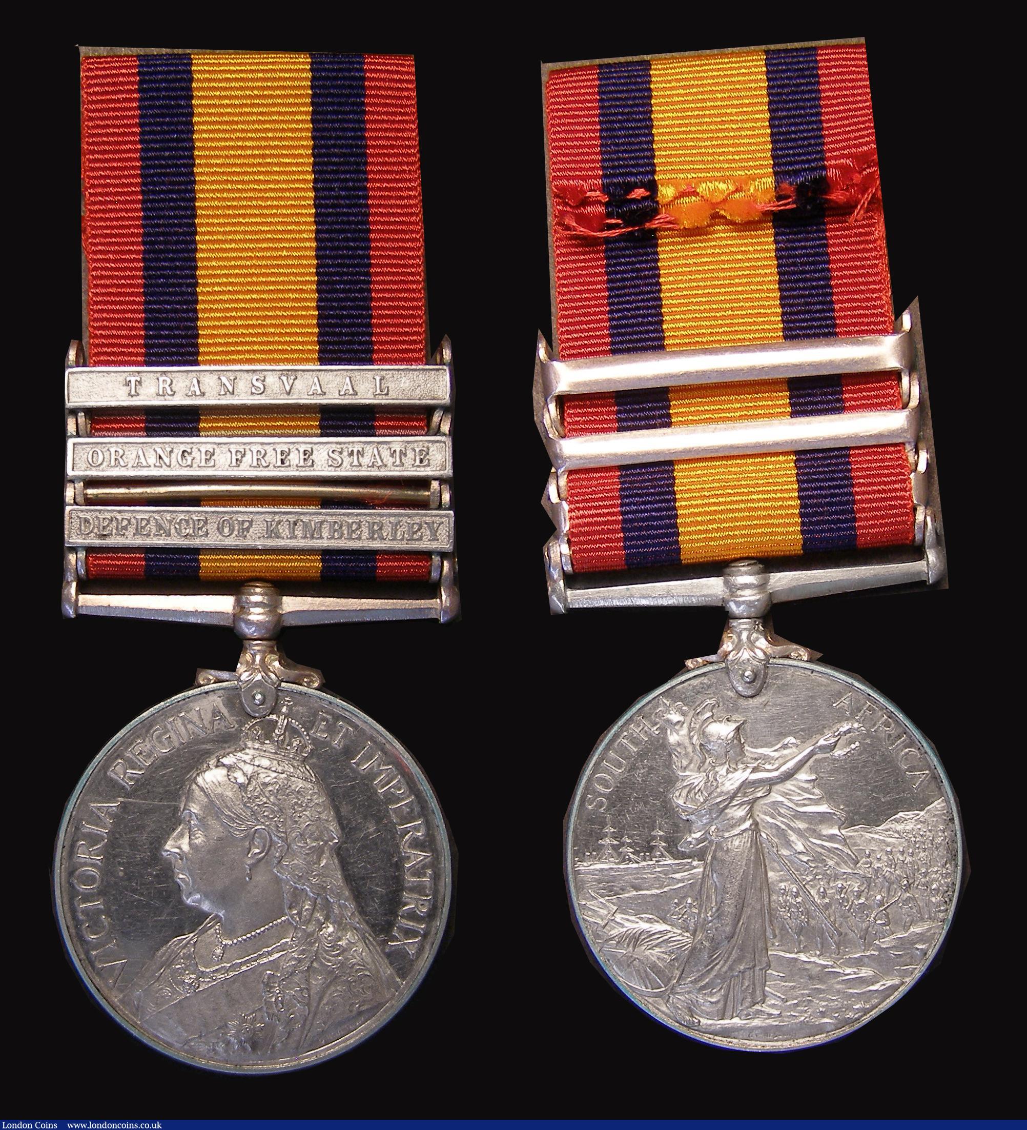 London Coins : A178 : Lot 756 : Boer War (3) comprising a pair, Queen's South Africa medal, type 3 reverse, with 3 clasps, Tran...