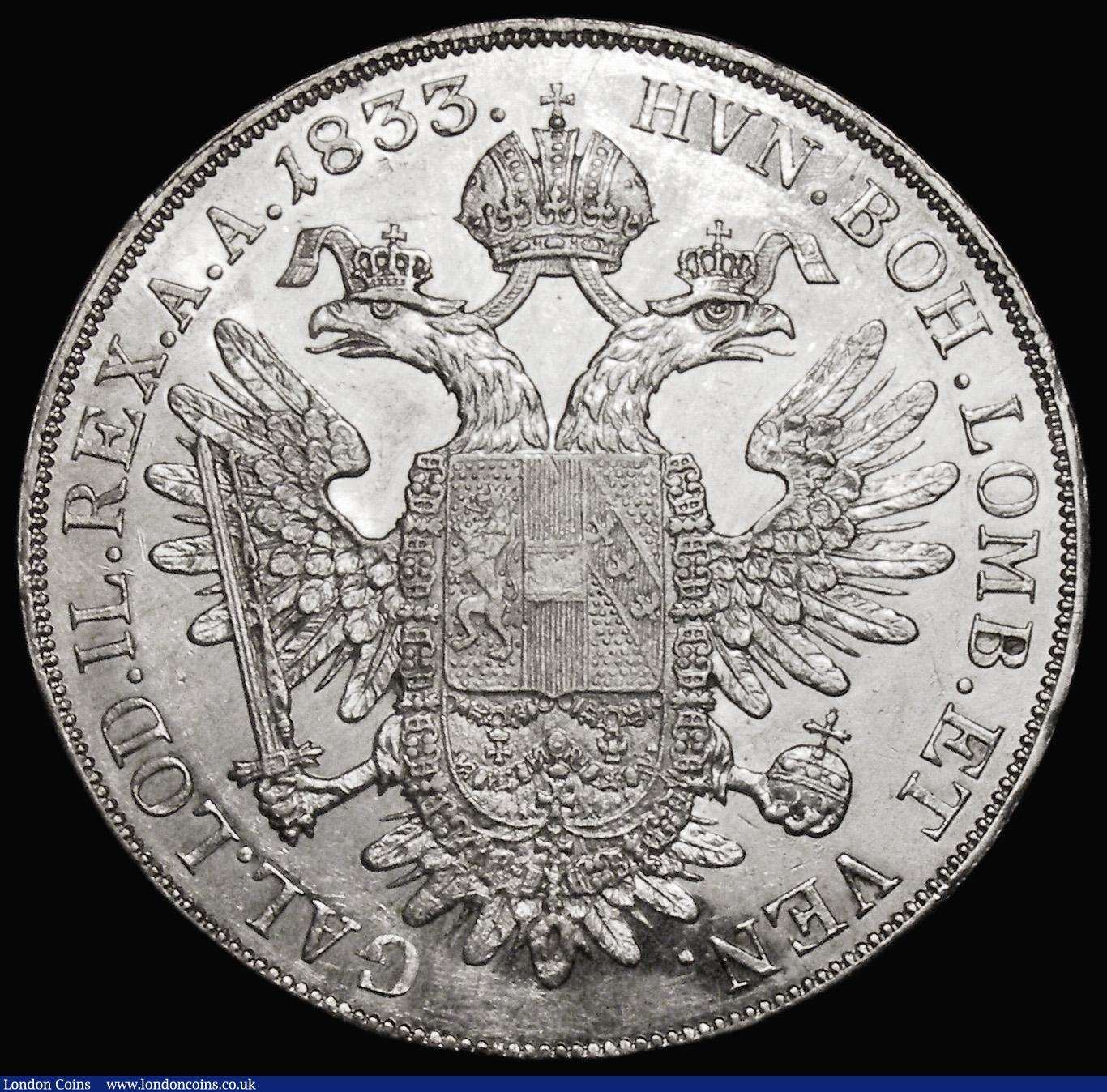 London Coins : A179 : Lot 1012 : Austria Thaler 1833A KM#2165 Lustrous EF and eye-catching, with some contact marks and hairlines