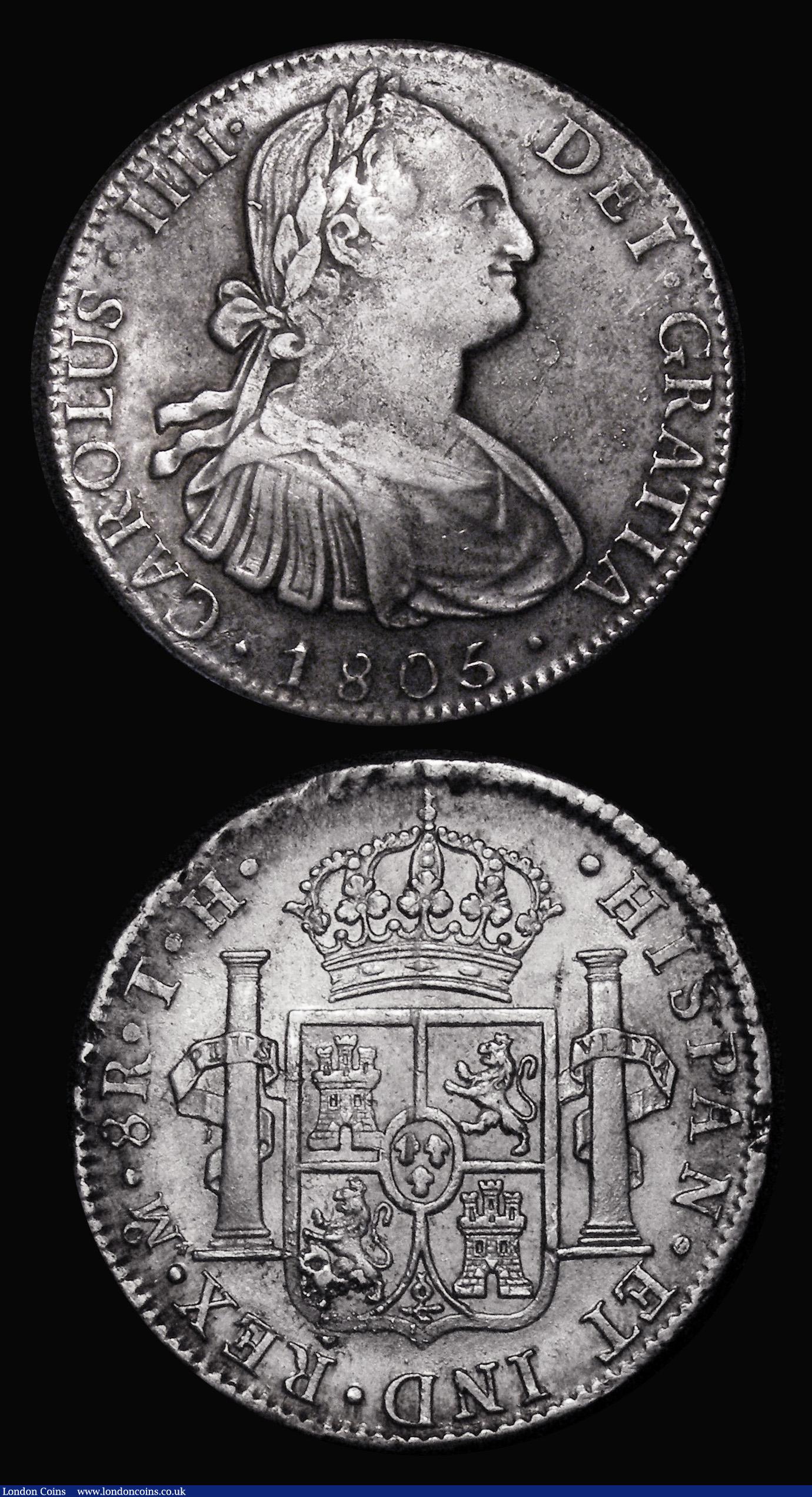 London Coins : A179 : Lot 1019 : Bolivia 8 Reales 1806 PJ KM73 and Mexico 8 Reales 1805 TH KM109 both water worn and Fine or better f...