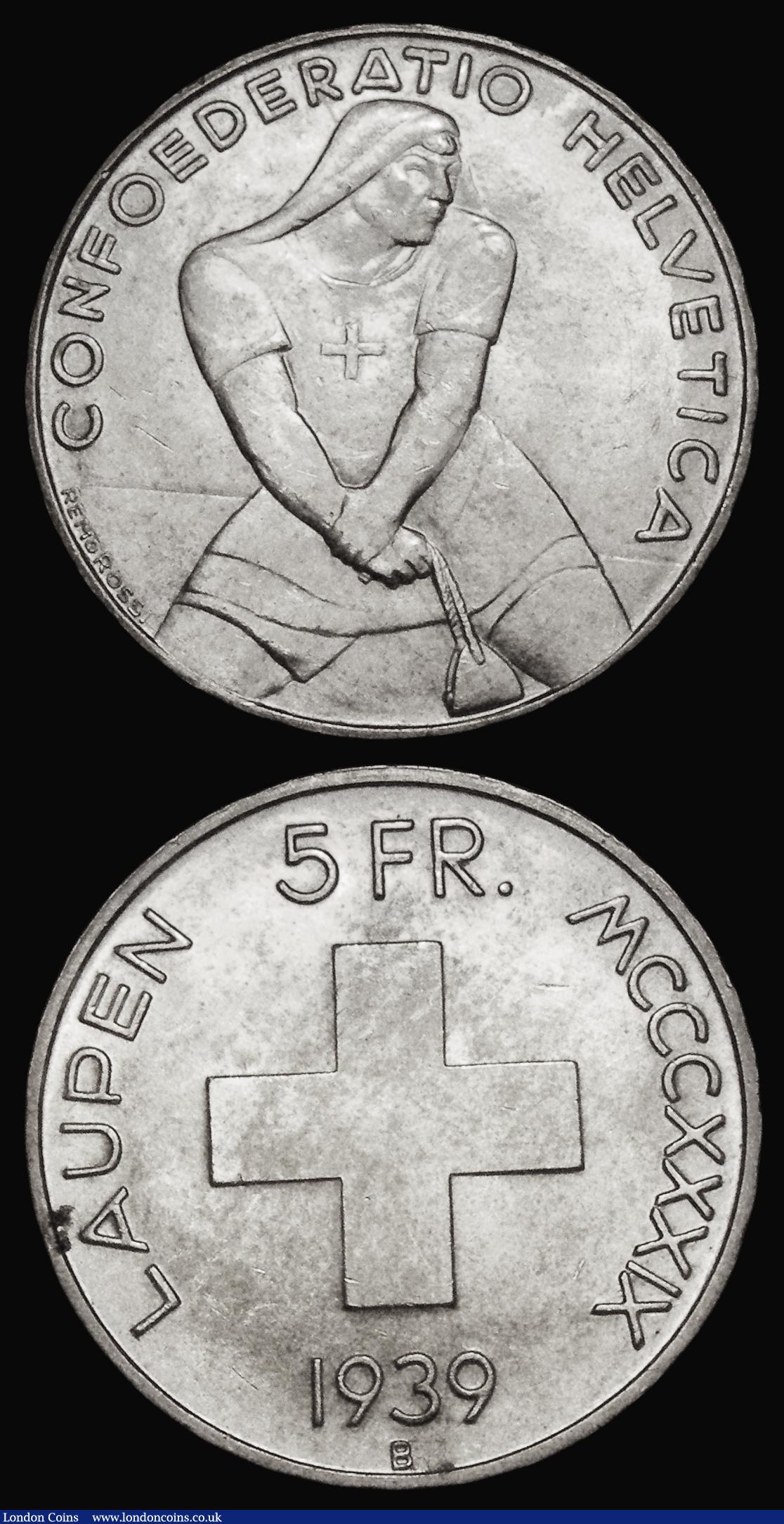London Coins : A179 : Lot 1250 : Switzerland Five Francs 1939B KM#40 GEF and lustrous Greece Two Drachmai 1883A KM#39 Good Fine with ...