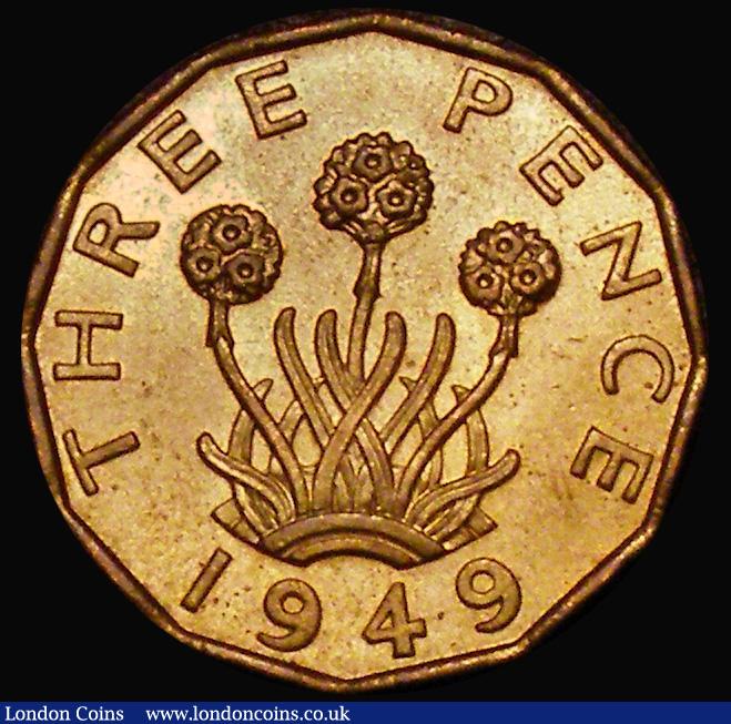 London Coins : A179 : Lot 1424 : Brass Threepence 1949 Peck 2392 A/UNC and lustrous with some contact marks and tiny spots, Very rare...