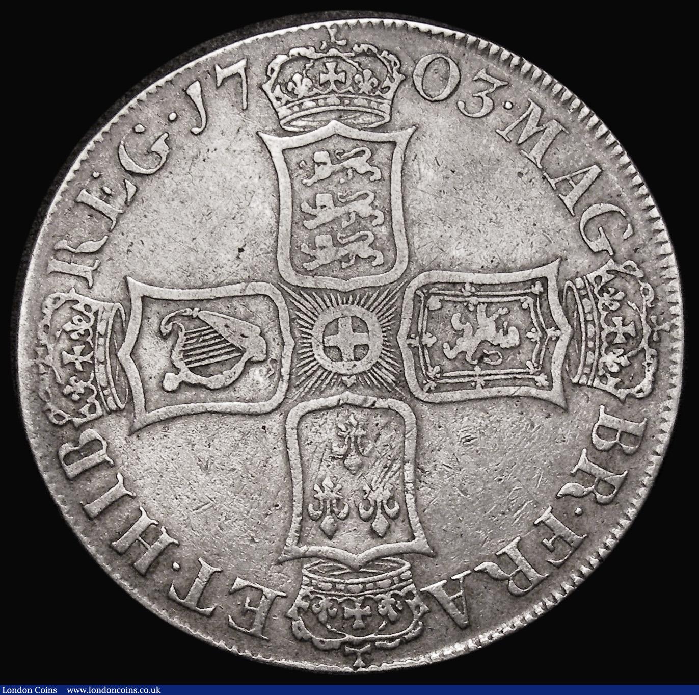 London Coins : A179 : Lot 1447 : Crown 1703 VIGO ESC 99, Bull 1340 Fine, with an edge nick by VIGO