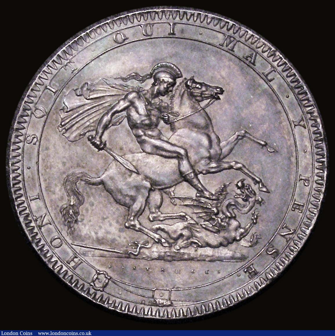 London Coins : A179 : Lot 1455 : Crown 1818 LIX ESC 214, Bull 2009 EF with many hairlines, once cleaned now colourfully retoned, neve...
