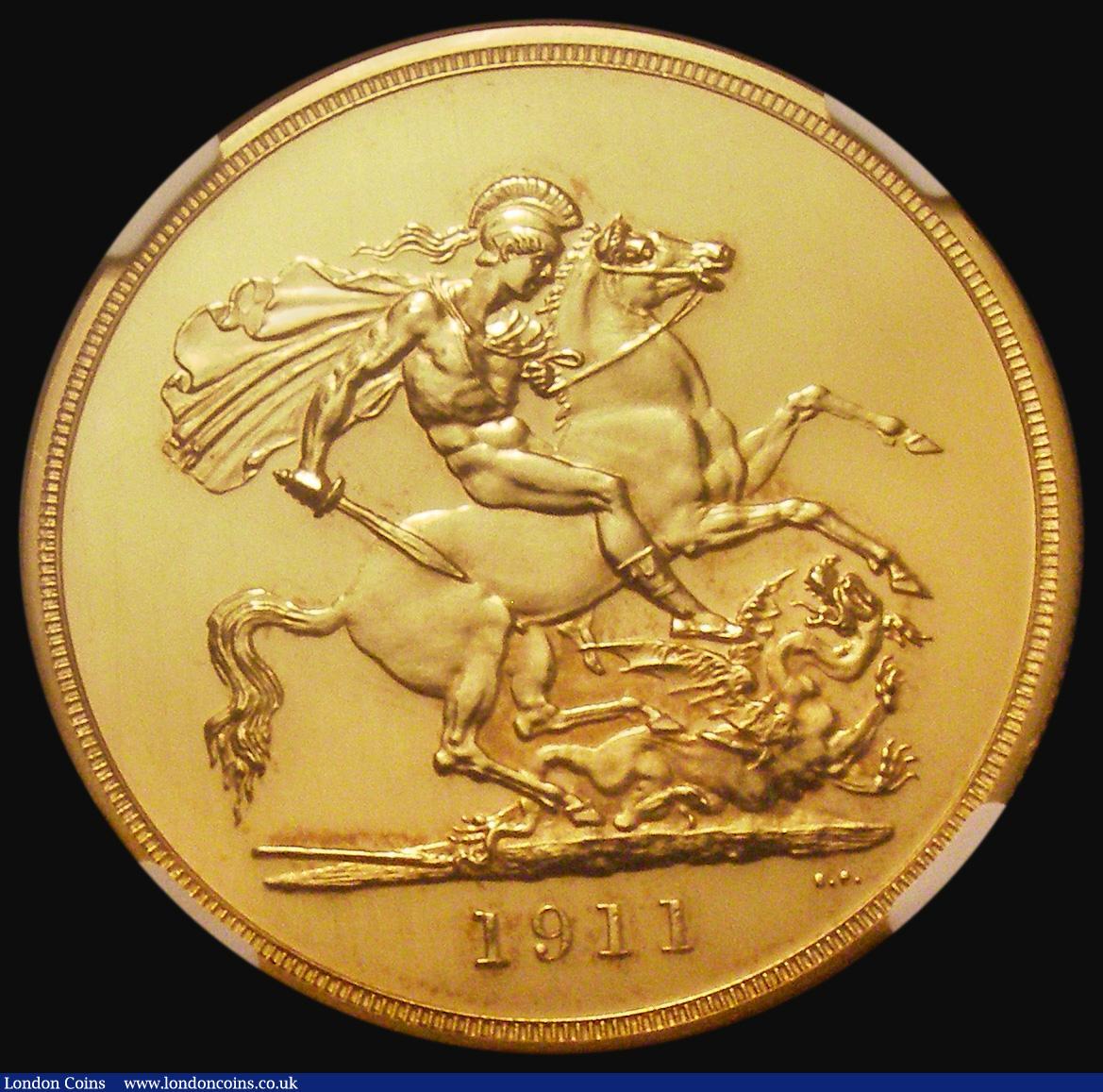 London Coins : A179 : Lot 1579 : Five Pounds 1911 Gold Proof S.3994, Marsh F38, in an NGC holder and graded PF62, the only George V G...
