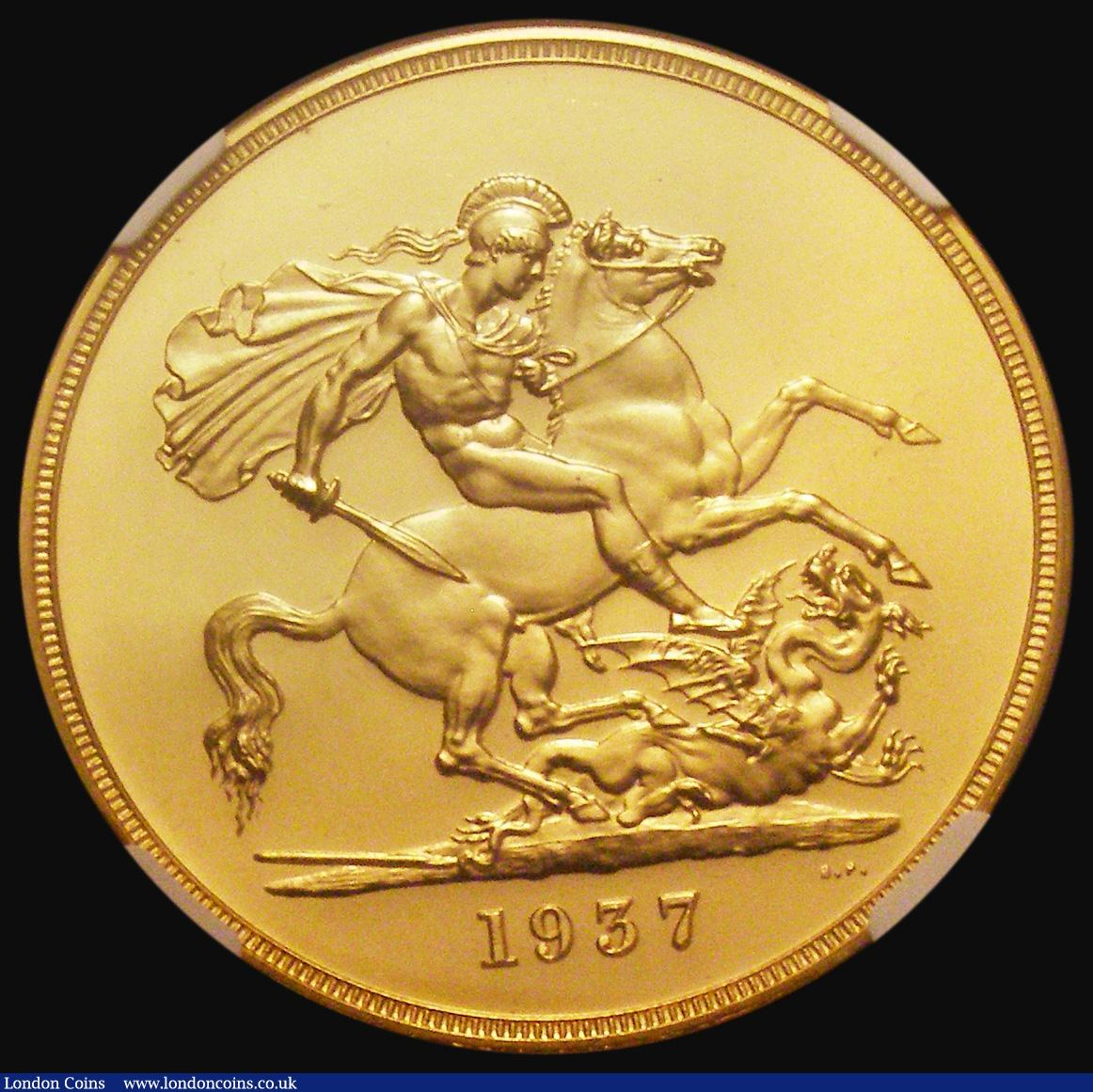 London Coins : A179 : Lot 1582 : Five Pounds 1937 Gold Proof S.4074, Marsh F40,  in an NGC holder and graded PF63 Cameo, the bust nic...