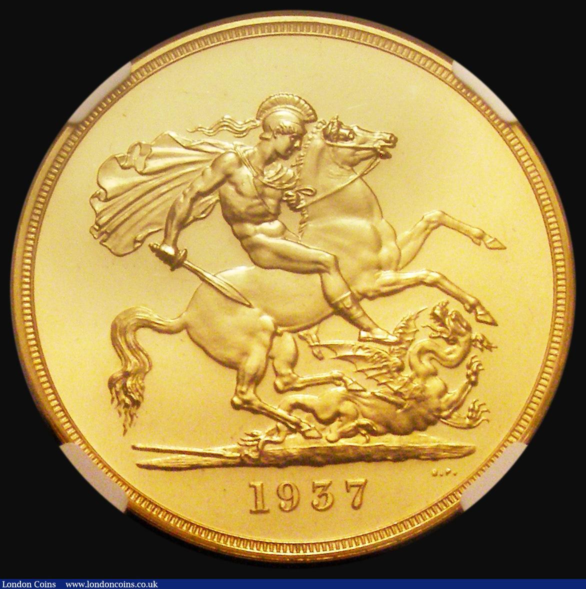 London Coins : A179 : Lot 1586 : Five Pounds 1937 Gold Proof S.4074, Marsh F40, in an NGC holder and graded PF63 Ultra Cameo, the onl...