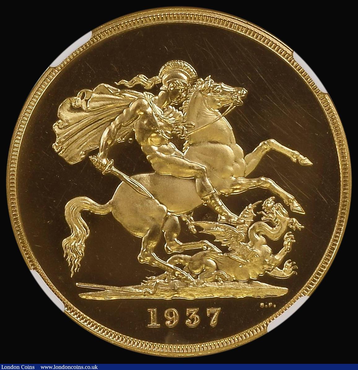 London Coins : A179 : Lot 1588 : Five Pounds 1937 S.4074 Gold Proof in an NGC holder and graded PF64 Ultra Cameo, the only George VI ...