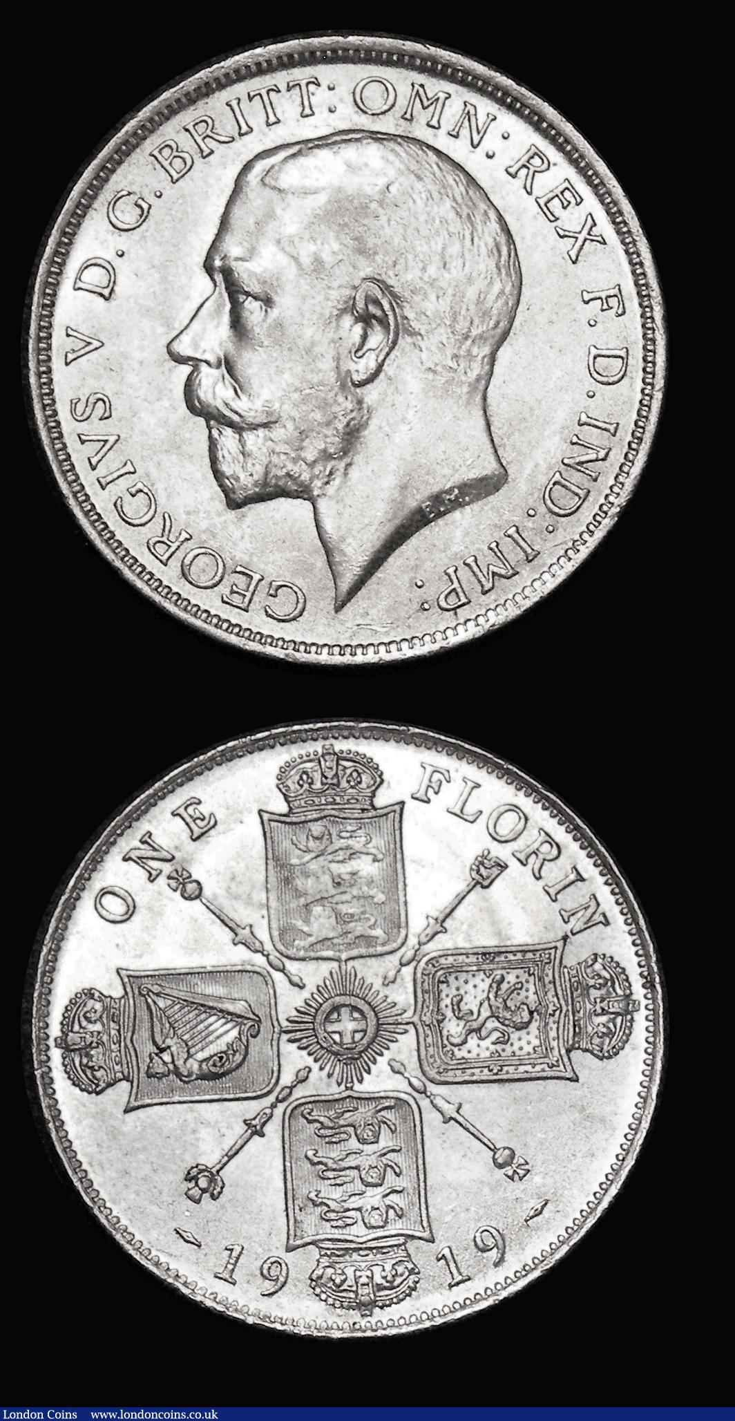 London Coins : A179 : Lot 1630 : Florins (2) 1918 ESC 937, Bull 3763 UNC and lustrous with light contact marks, touches of golden ton...