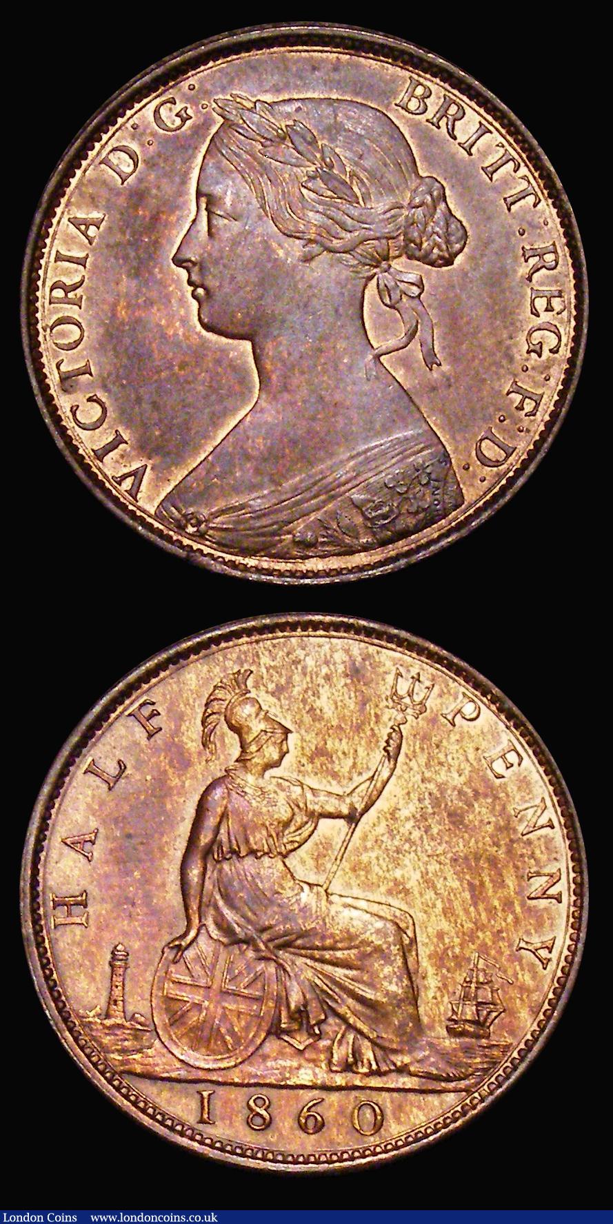 London Coins : A179 : Lot 1829 : Halfpennies (2) 1860 Toothed Border Freeman 267 dies 4+C AU/EF the reverse cleaned, rated R14 by Fre...