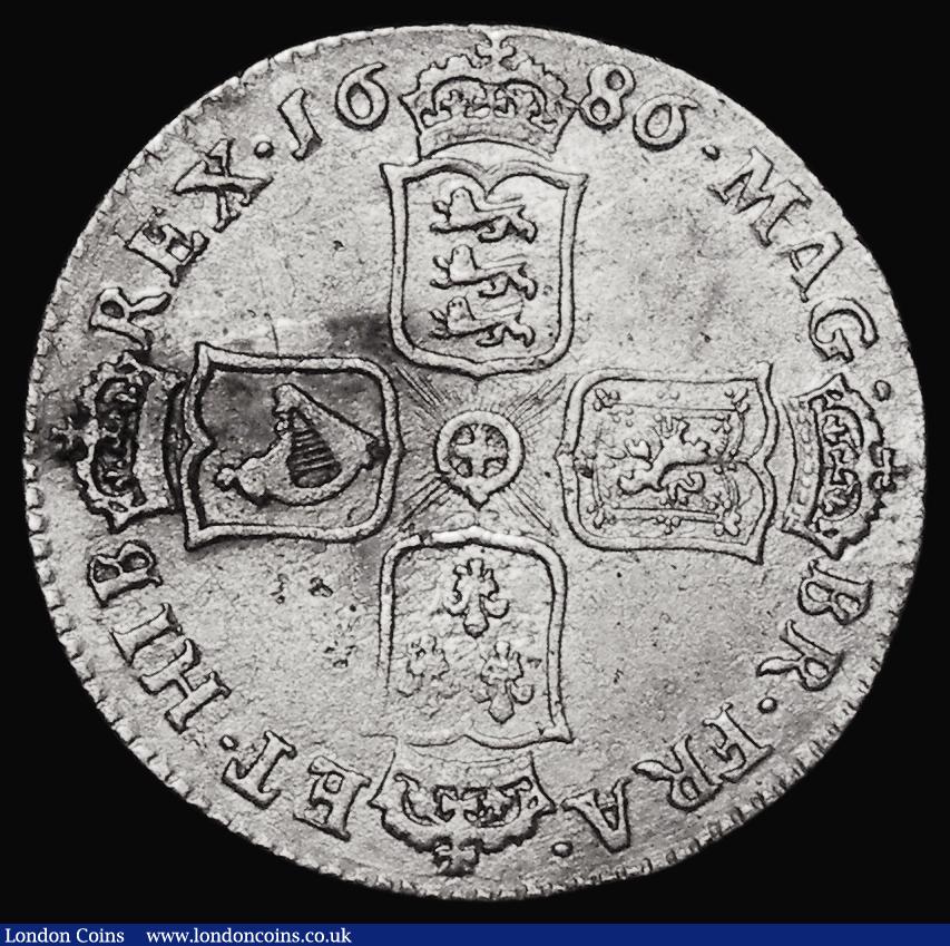London Coins : A179 : Lot 1926 : Shilling 1686 ESC 1070, Bull 765 Good Fine with the appearance of an ex-shipwreck piece, the reverse...