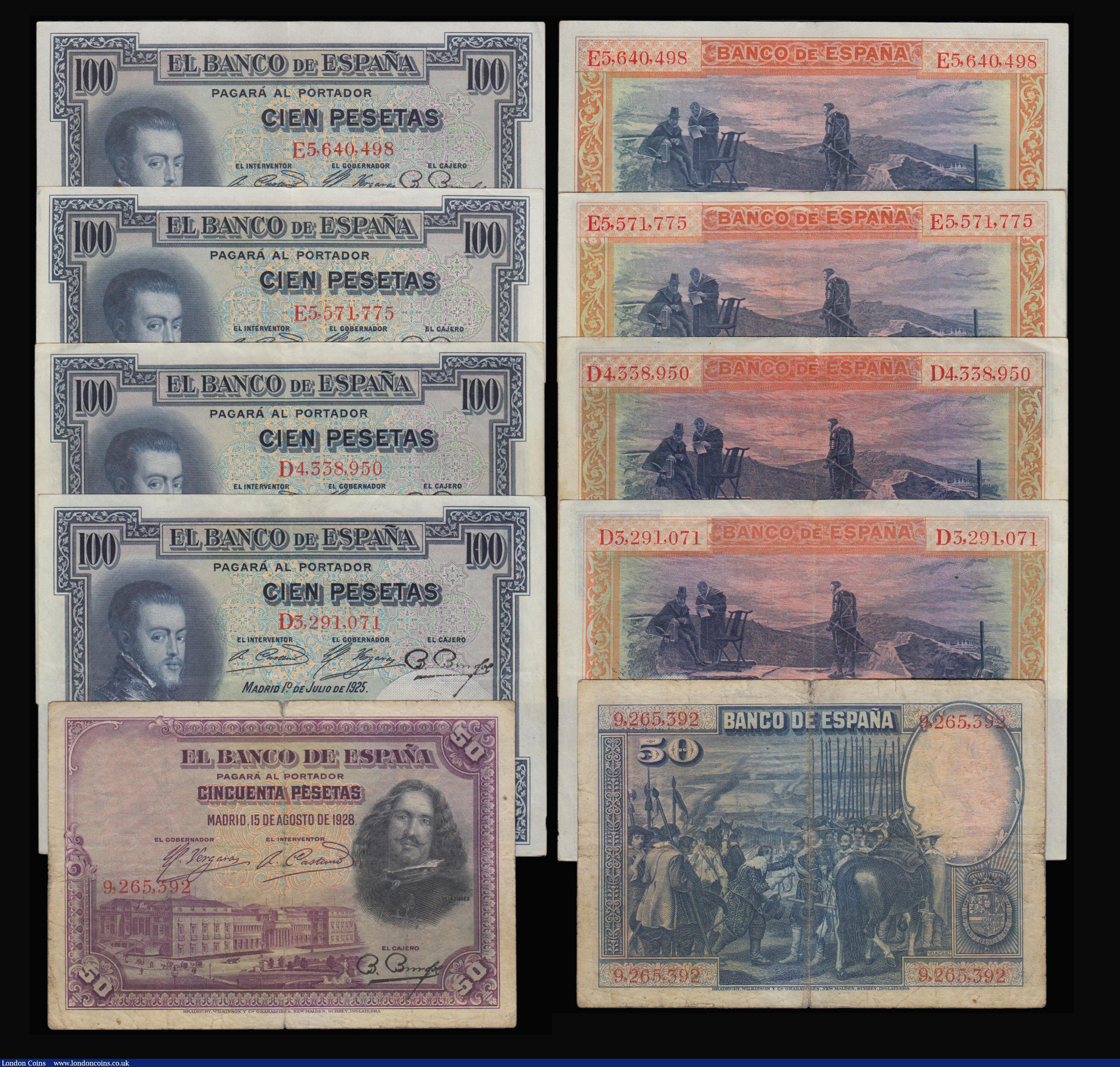 London Coins : A179 : Lot 201 : Spain (11) 100 Pesetas (4) Republic issue 1936 issues (4), serial number D3,291,071 Pick 69 NVF to G...