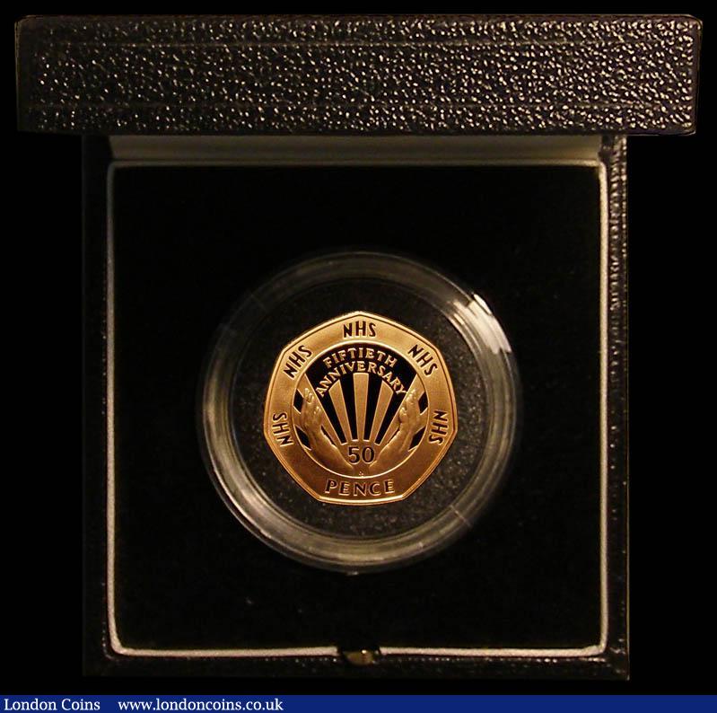 London Coins : A179 : Lot 288 : Fifty Pence 1998 NHS 50th Anniversary S.H10 Gold Proof, FDC in the Royal Mint box of issue with cert...