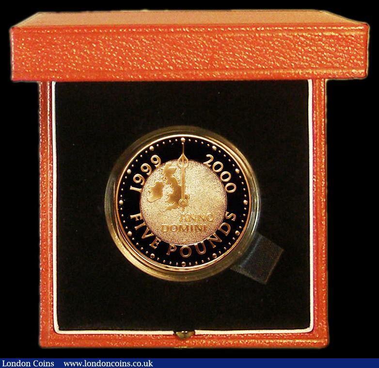 London Coins : A179 : Lot 340 : Five Pound Crown 1999 Millennium Gold Proof S.L7, FDC in the Royal Mint box of issue with certificat...