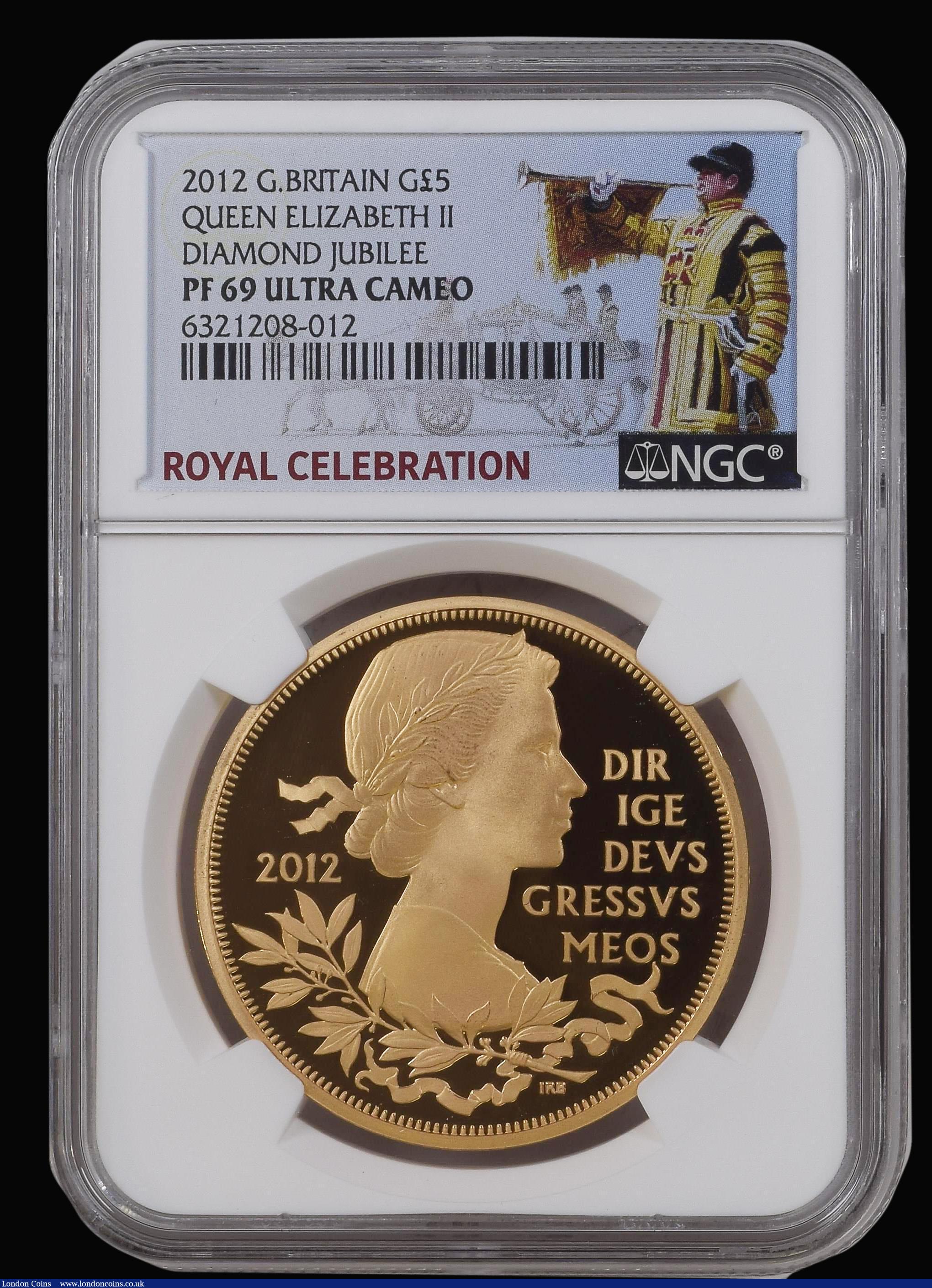 London Coins : A179 : Lot 359 : Five Pound Crown 2012 Queen's Diamond Jubilee Gold Proof in an NGC holder and graded PF69 Ultra...