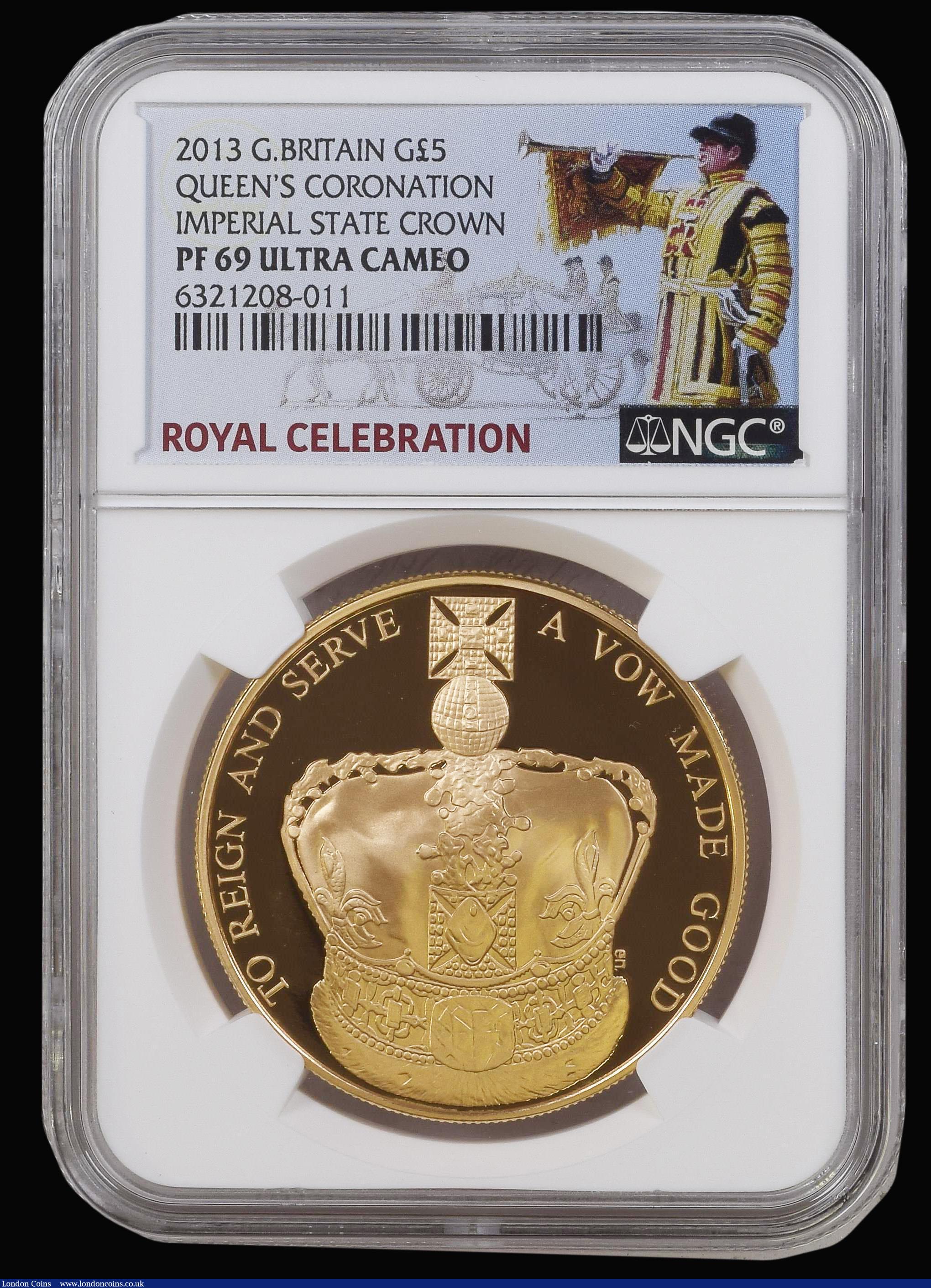 London Coins : A179 : Lot 364 : Five Pound Crown 2013 The Queens Coronation 60th Birthday 1953-2013  Gold Proof in an NGC holder and...