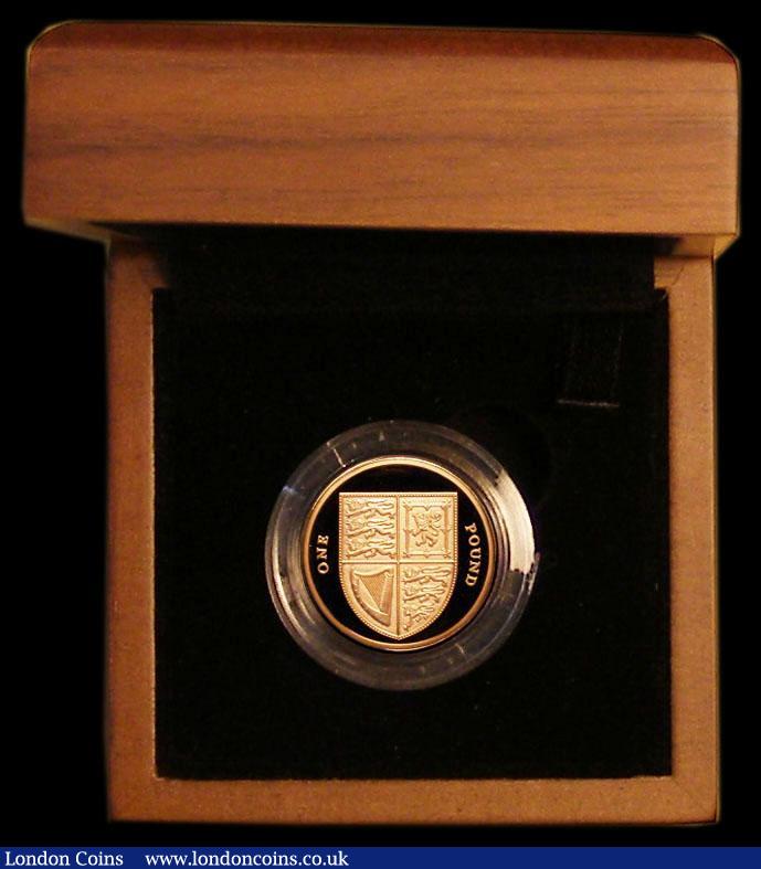 London Coins : A179 : Lot 451 : One Pound 2008 Shield of Our Royal Arms Gold Proof S.J27 FDC in the Royal Mint box of issue with cer...