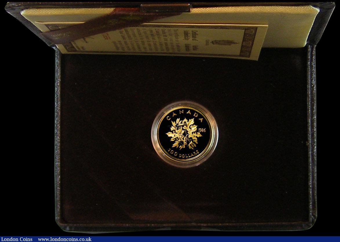 London Coins : A179 : Lot 702 : Canada 100 Dollars Gold 1986 Peace KM#152 Gold Proof FDC in the case of issue with certificate