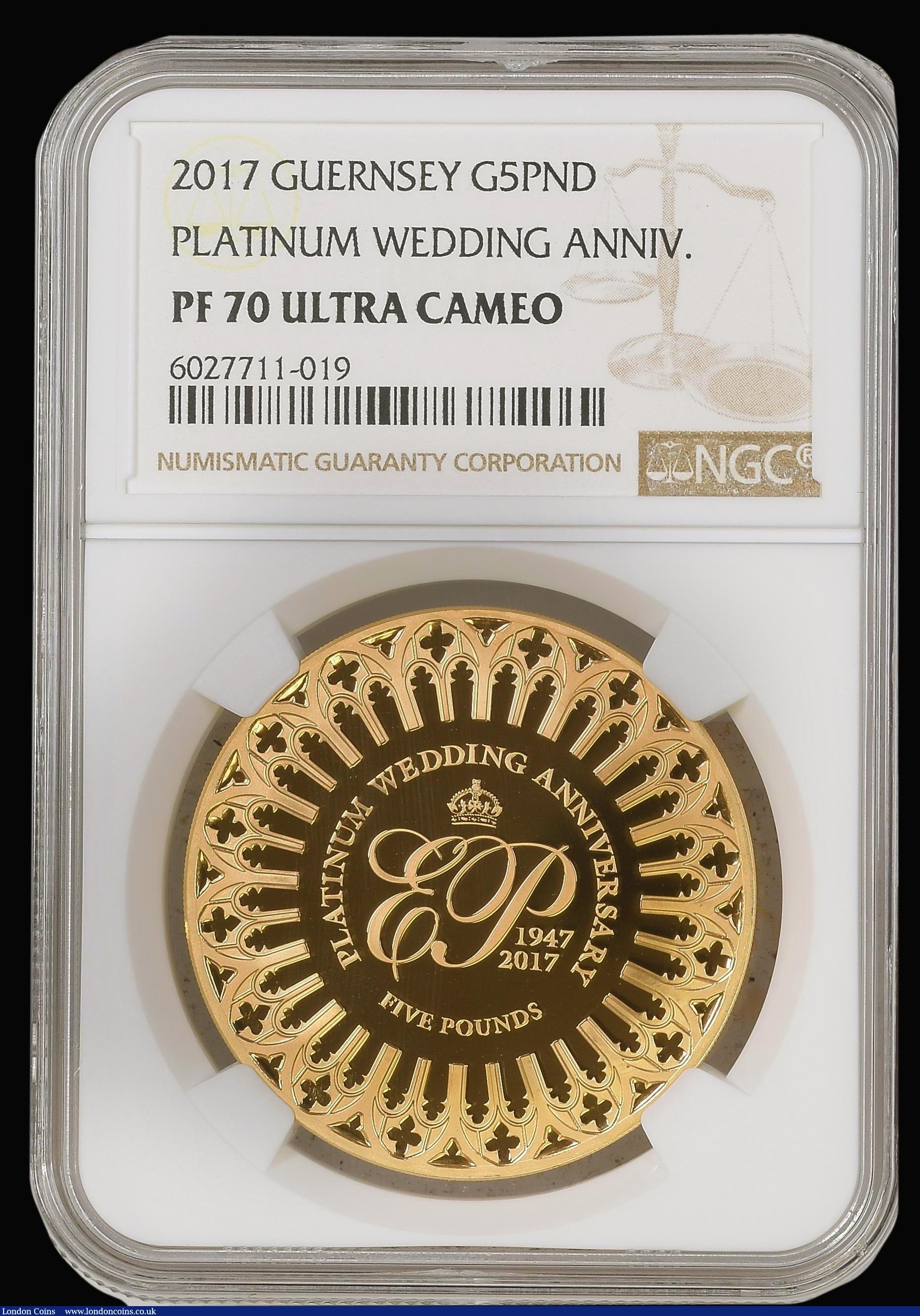 London Coins : A179 : Lot 722 : Guernsey Five Pounds 2017 Platinum Wedding Gold Proof NGC PF70 ULTRA CAMEO accompanied by the box of...