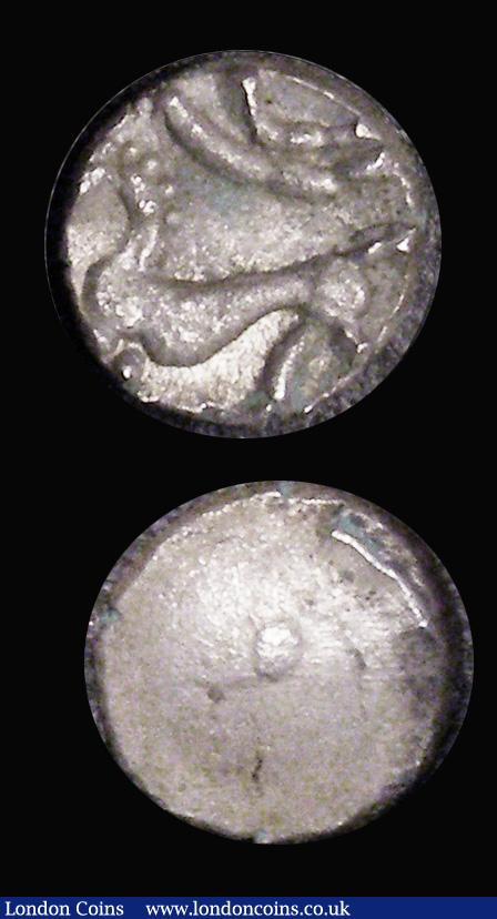 London Coins : A180 : Lot 1138 : Celtic (2) Silver Quarter Stater Durotriges, Geometric type, Crescent design, Reverse: Zigzag patter...