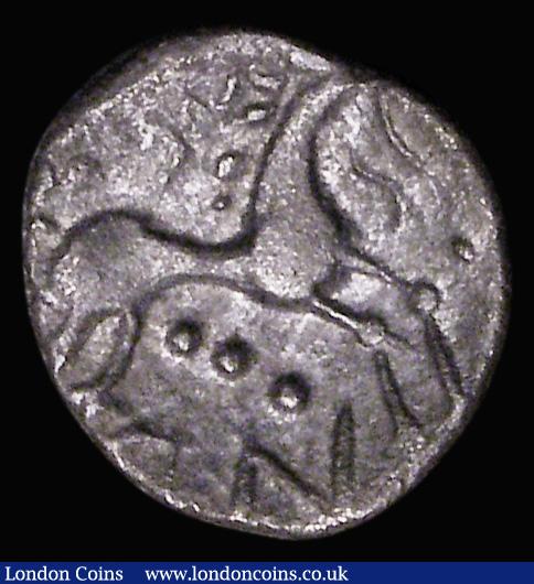London Coins : A180 : Lot 1143 : Celtic Silver Unit, Reverse: Horse right with three pellets below, the obverse weak, 0.79 grammes, p...