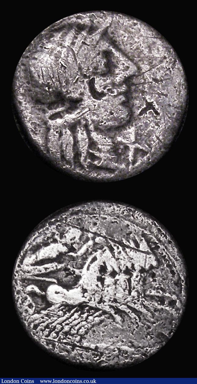 London Coins : A180 : Lot 1145 : Roman (2) Republic Denarius Porcia (c.125BC) Obverse: Helmeted head right, Reverse: Libertas crowned...
