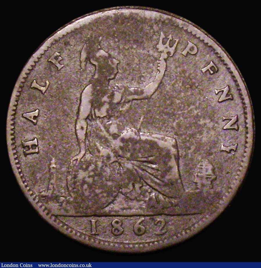 London Coins : A180 : Lot 1585 : Halfpenny 1862 Die Letter C, Freeman 288A, dies 7+F, VG with some surface residue, a very rare type ...